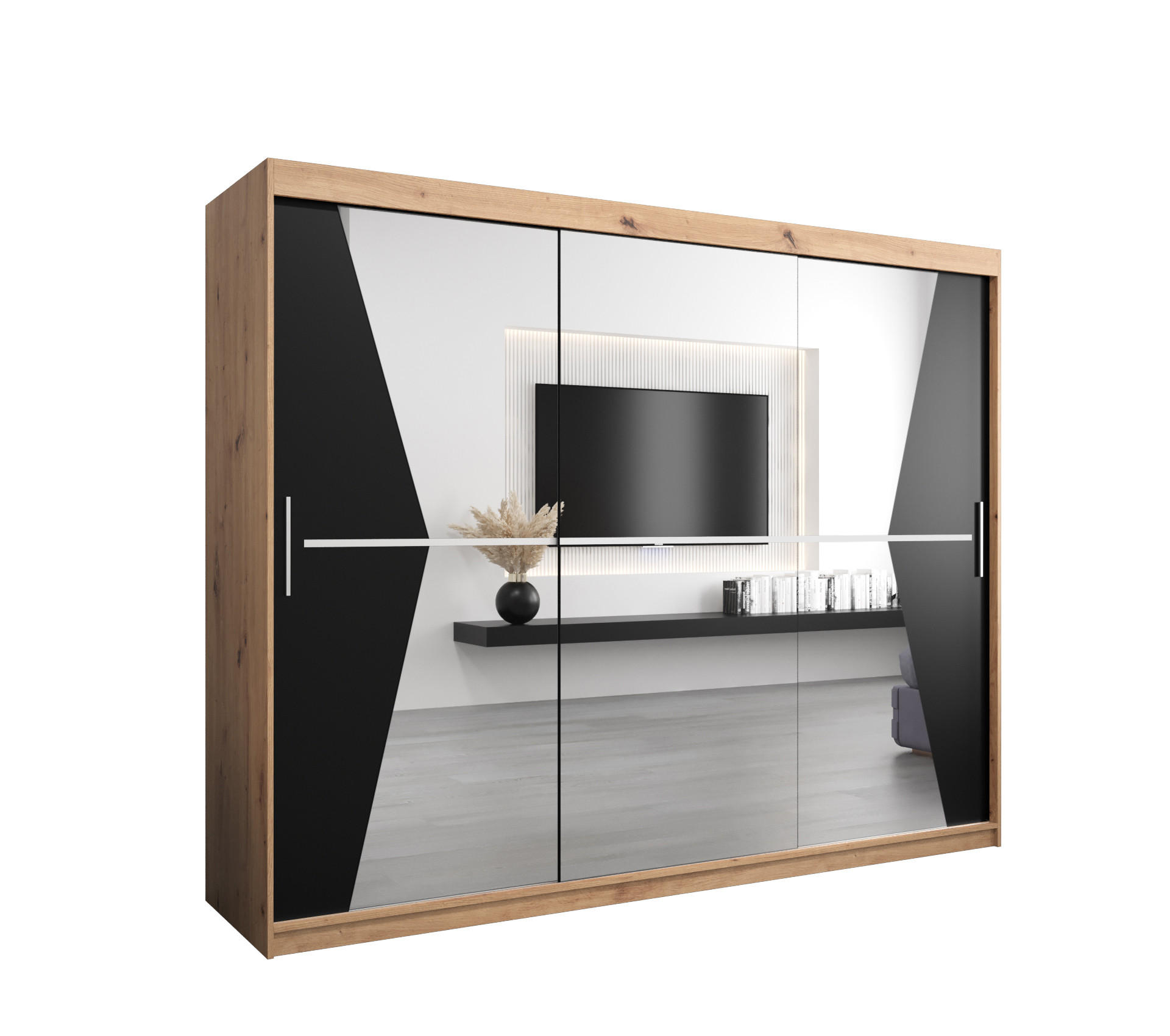 Abiks Möbel SCHWEBETÜRENSCHRANK Eiche Artisan, Schwarz 250cm × 62cm × 200cm