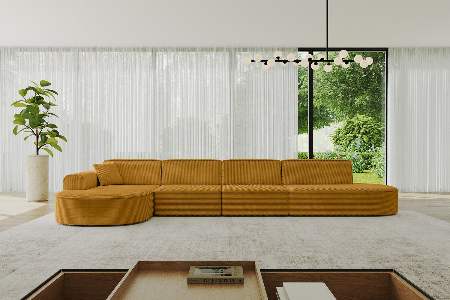 ECKSOFA Ottomane Links MARI-L3 - 402x163x73,5 cm Senfgelb Cord - Gelb/Schwarz, Holzwerkstoff/Kunststoff (165/406cm) - ALTDECOR