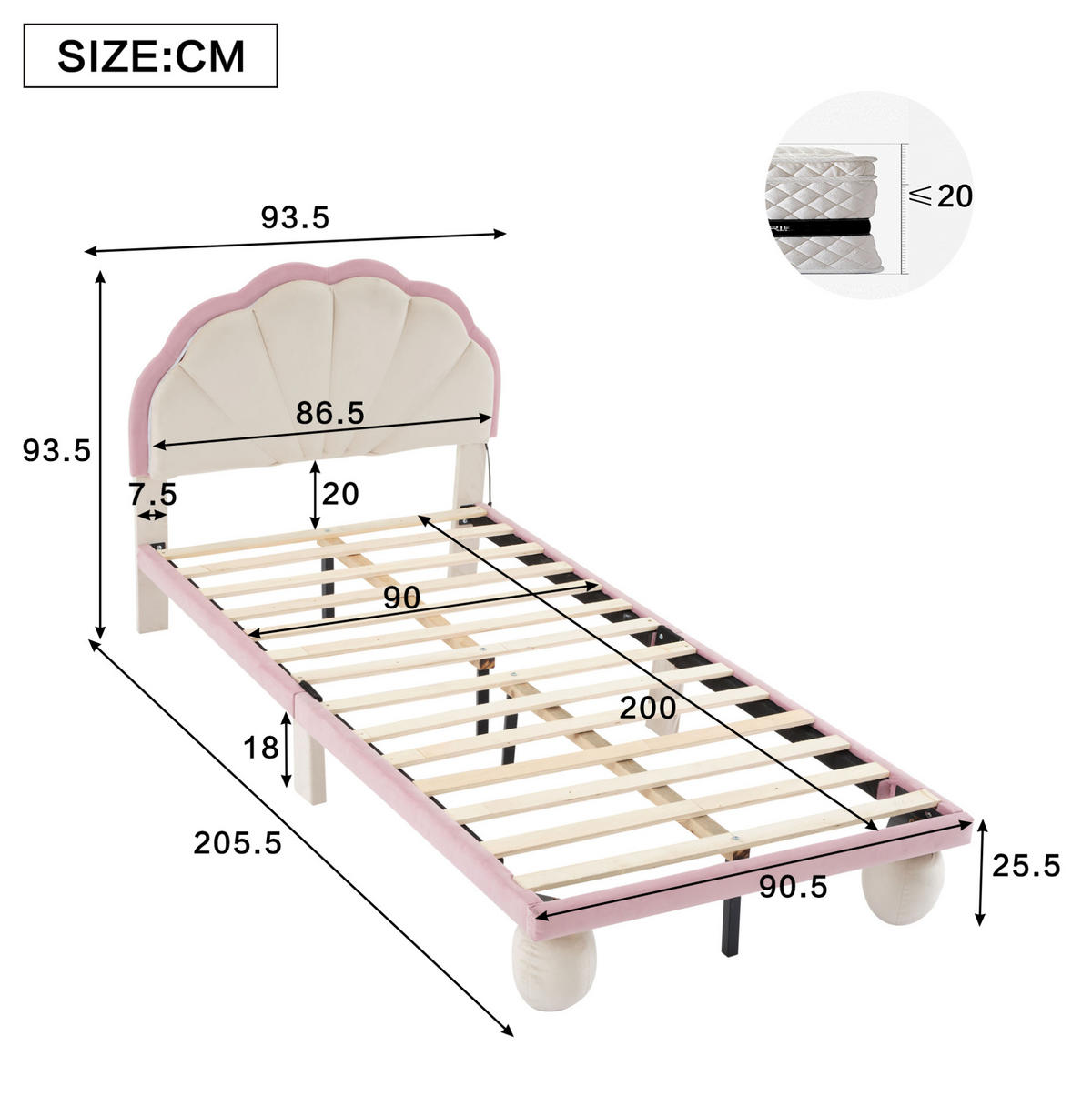 POLSTERBETT 90/200 cm Beige/Rosa aus Samt mit LED-Lichtstreifen - Weiß, Textil (90/200cm) - OKMYHOME