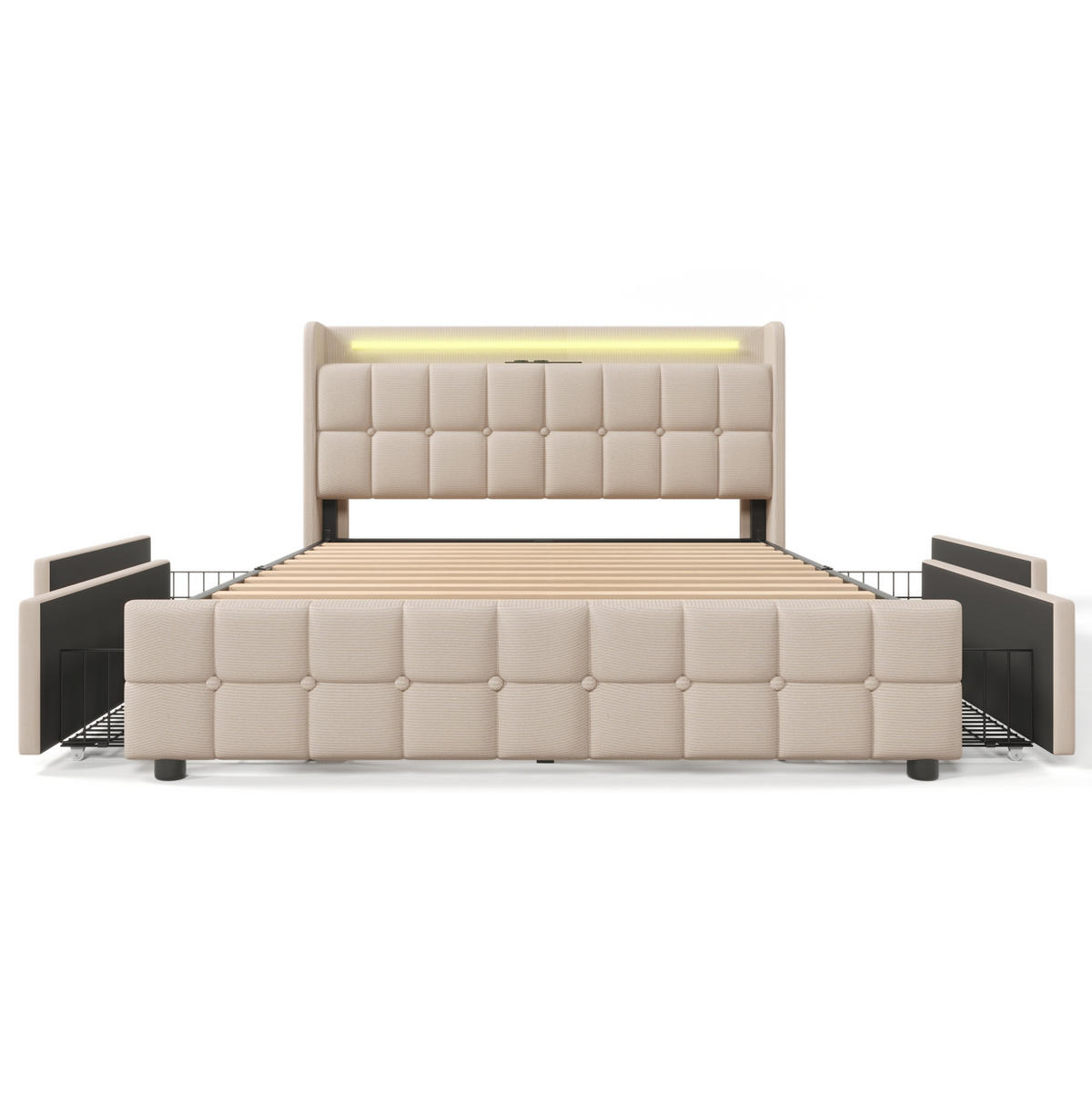 POLSTERBETT 160/200 cm beige aus Holz mit LED, USB, Steckdosen und Matratze - Beige, Holzwerkstoff (160/200cm) - OKWISH