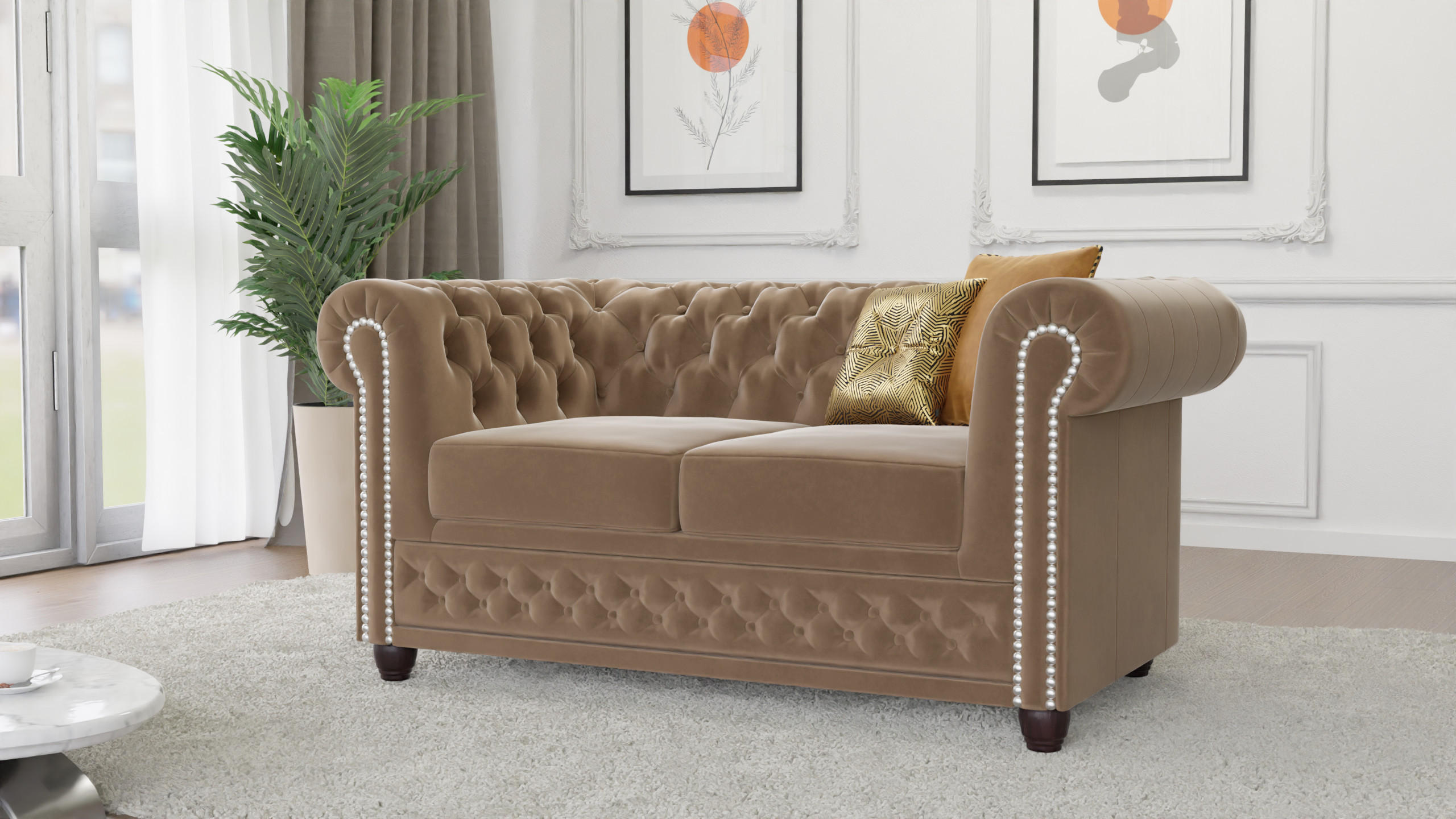 CHESTERFIELD-SOFA 2-Sitzer Nyx Beige Samt - Beige/Braun, Holz/Textil (148/72/86cm) - S-Style Möbel