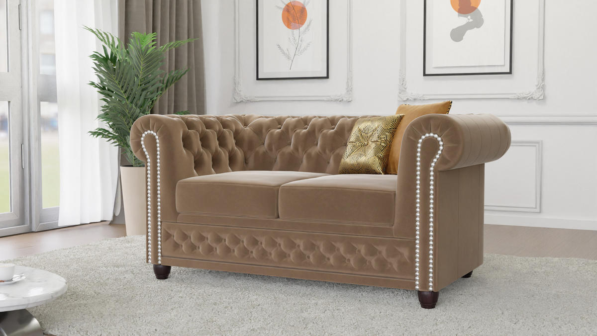 SITZGARNITUR mit Schlaffunktion 3+2+1 Chesterfield Nyx Beige Samt - Beige/Braun, Holz/Textil (203/72/86cm) - S-Style Möbel