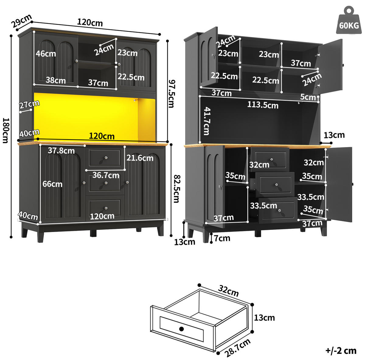 BUFFET 120/40/180 cm Schwarz/Natur aus MDF mit LED - Schwarz, Holzwerkstoff (120/180/40cm) - OKWISH
