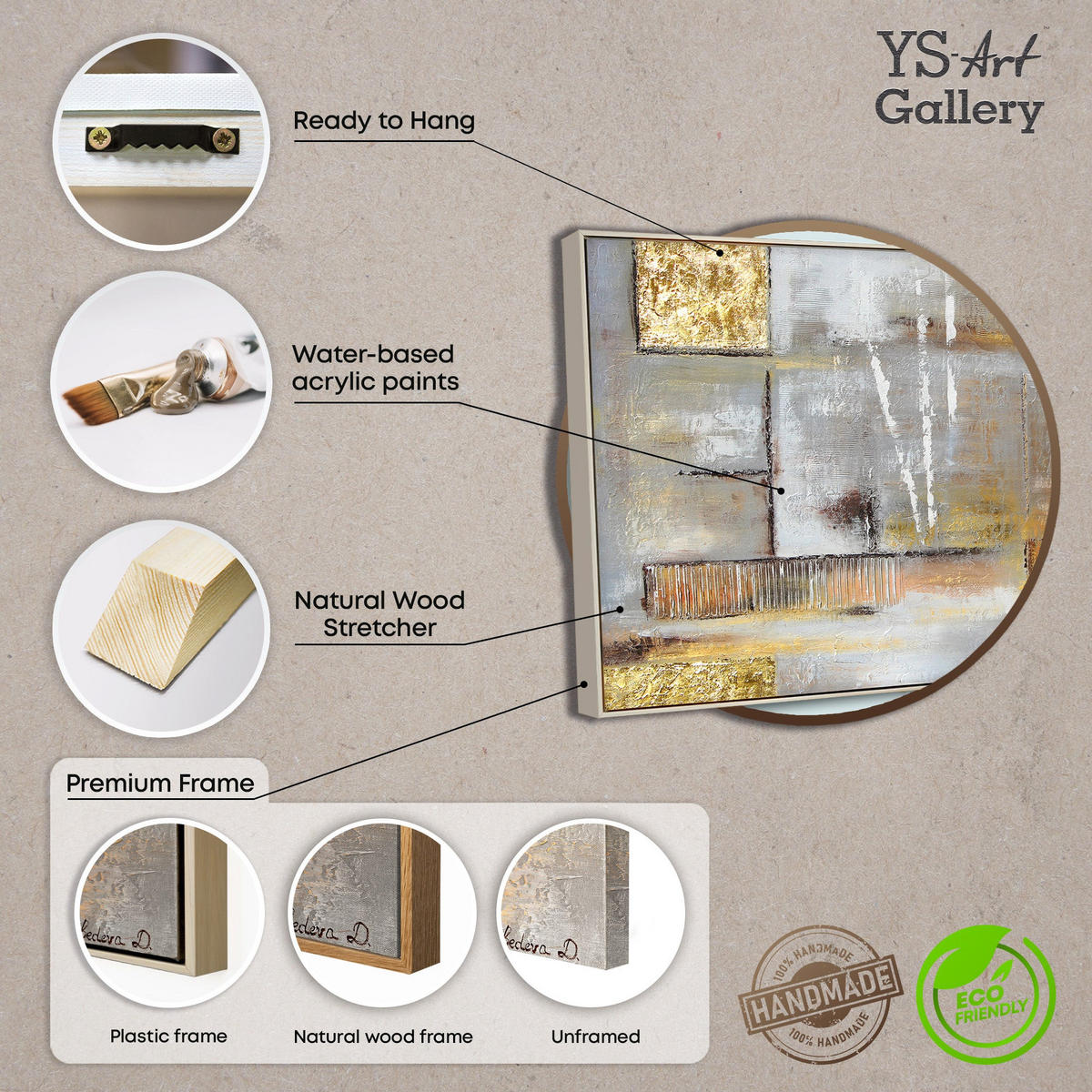 GEMÄLDE Goldene Abstraktion Schattenfugenrahmen beige 100x50 cm - Beige, Holz (100/50cm) - YS-art gallery