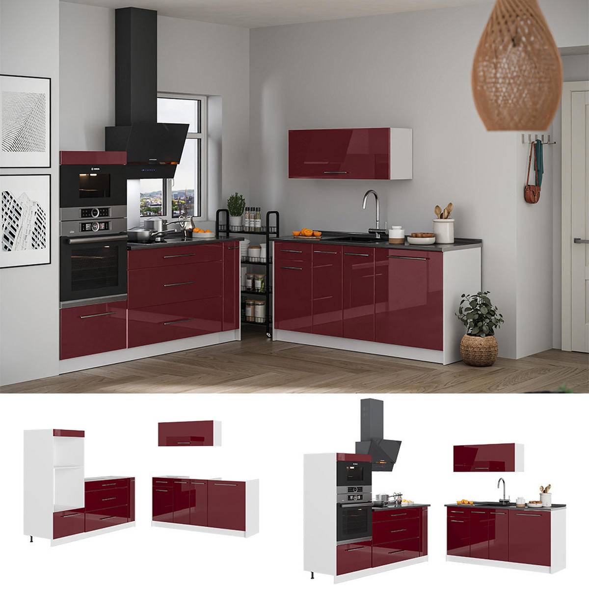 KUCHYNĚ Fame-Line, Bordó červená vysoký lesk/Bílá, 340 cm, PD Antracit - bílá/bordeaux, kompozitní dřevo (340/153.6/60cm) - Vicco