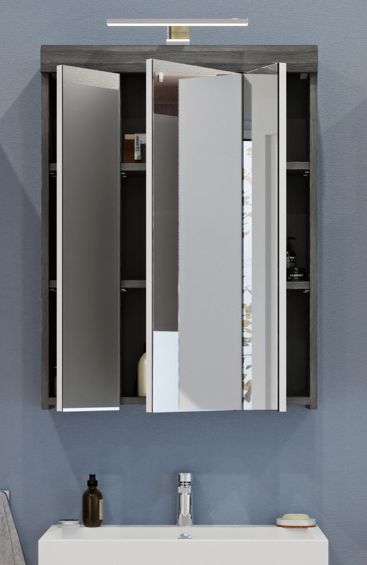 SPIEGELSCHRANK grau 60 x 79 cm, Badschrank 3-türig mit Spiegeltüren - Grau, Glas/Holzwerkstoff (60/79/18cm) - Inn.Furn