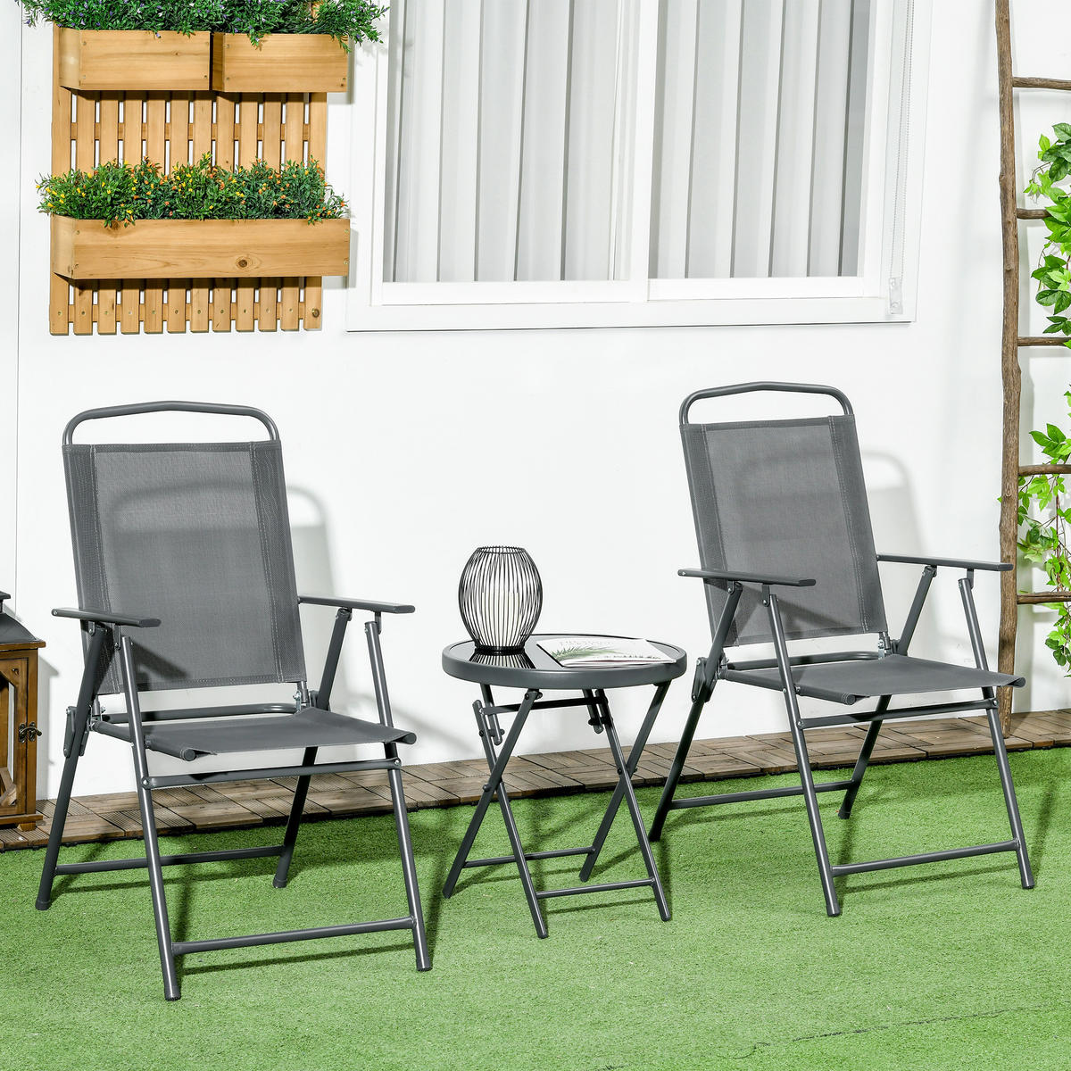 BISTRO-SET DE-07313 3-teilig, klappbar mit Glastisch Dunkelgrau - Dunkelgrau, Metall - ComfortXL