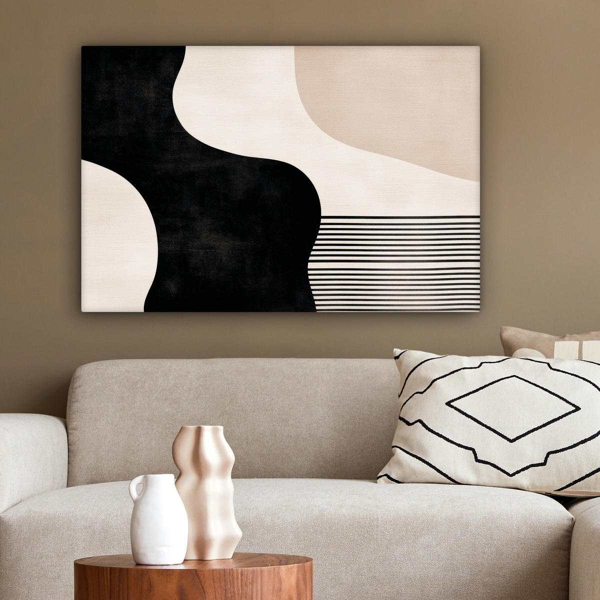 LEINWANDBILD Abstrakt - Japandi - Beige - Modern Wanddeko 90x60 cm - Schwarz, Textil (90/60cm) - MuchoWow