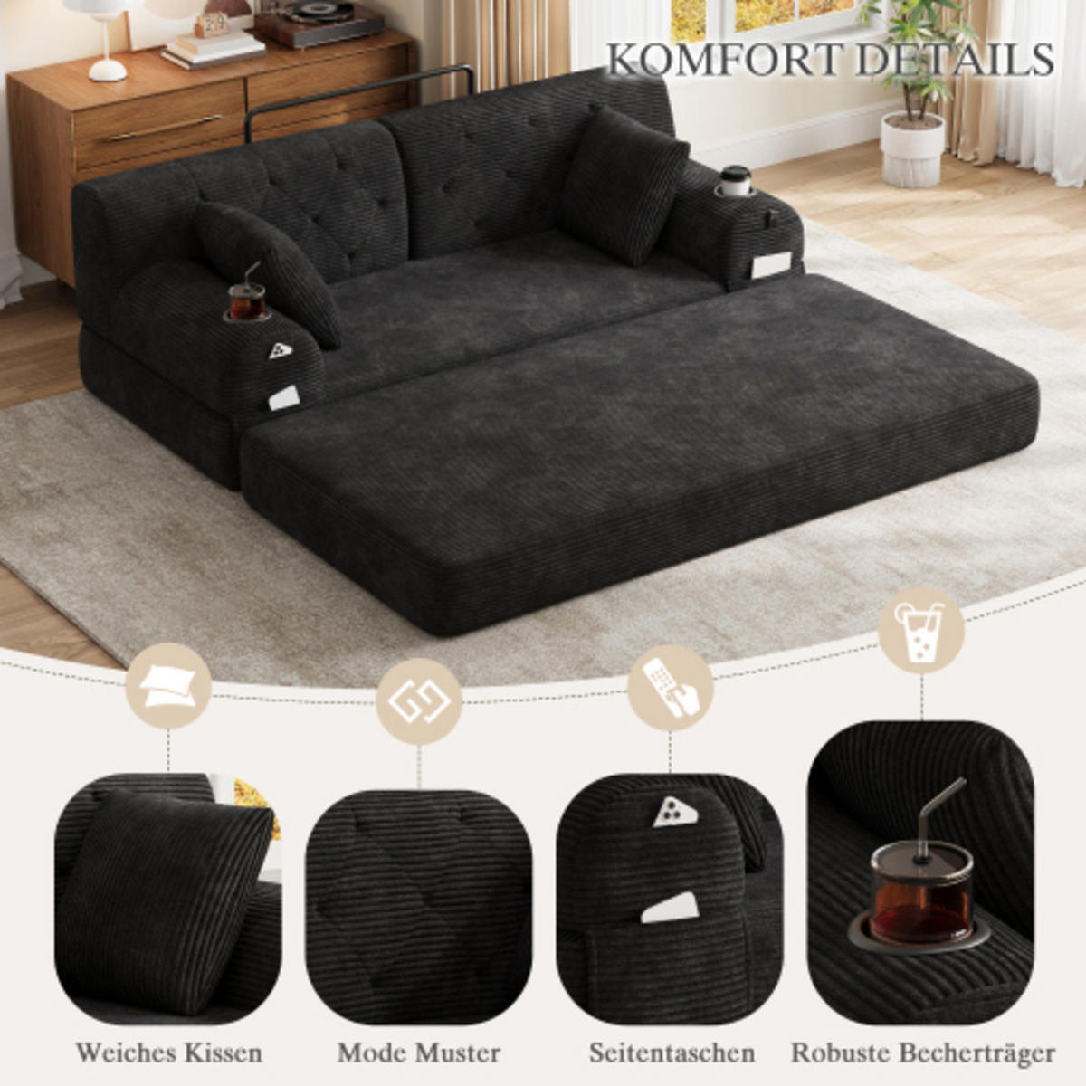 SCHLAFSOFA mit Metallrahmen schwarz 168×80×81 cm aus Cordstoff - Schwarz, Textil (80/81/168cm) - Luhomfu
