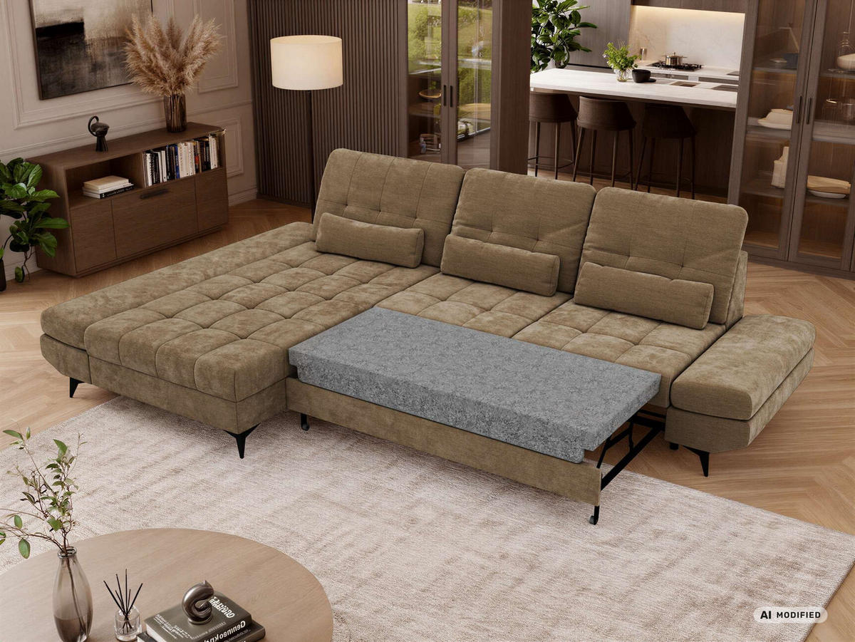ECKSOFA ALVENO L - Hellbraun Schenille glatt - Links Seite - Hellbraun/Schwarz, Textil/Metall (218/344cm) - MKS