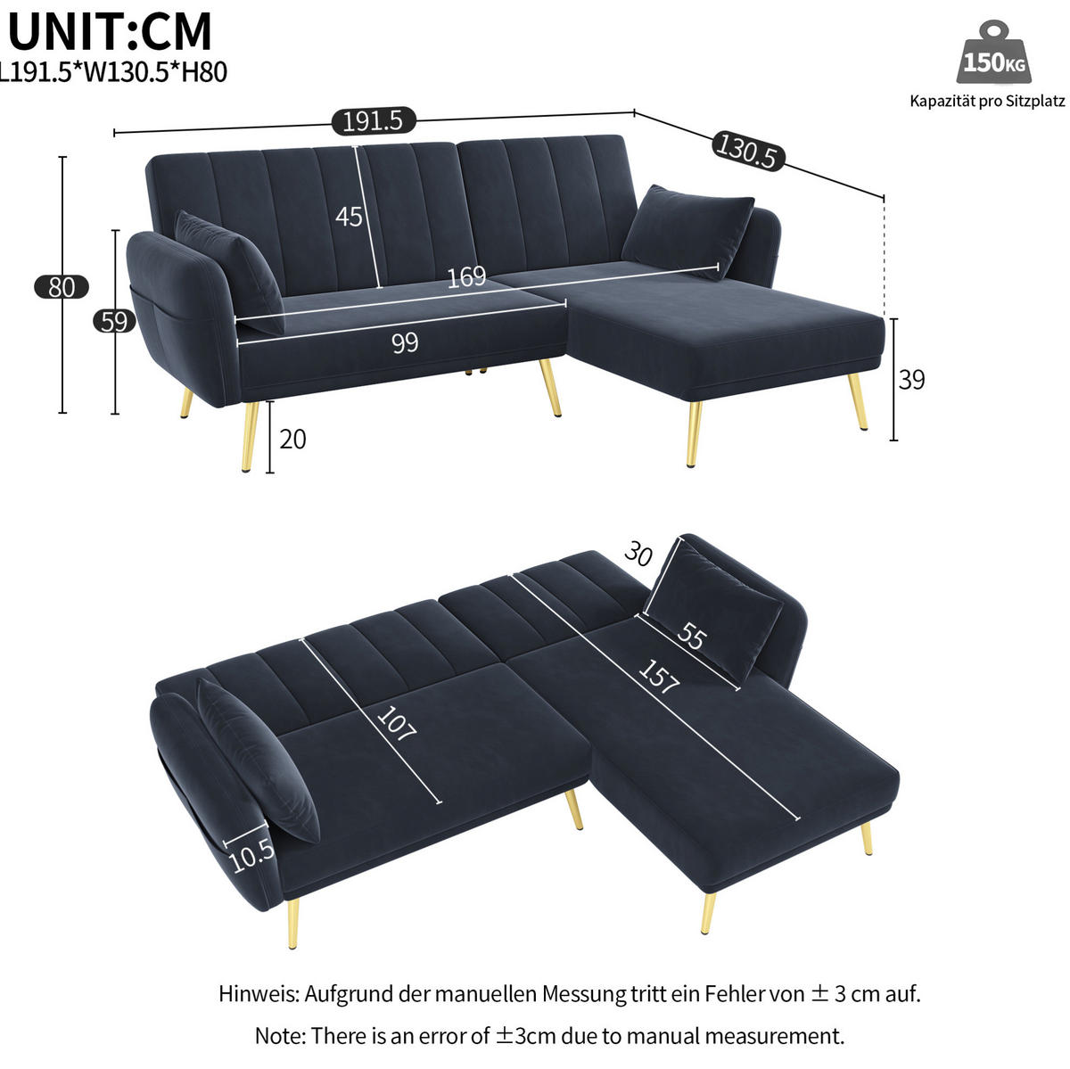 ECKSOFA, Samt mit Schlaffunktion & verstellbarer Rückenlehne, 191,5/130,5/80 cm, Schwarz - Schwarz, Textil (130.5/191.5cm) - Redom