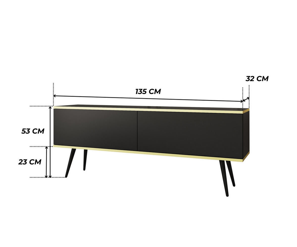 TV-LOWBOARD FORNO (Schwarz, Goldene Details, 2 Türen, schwarze Metallfüße, 135 cm) - Schwarz, Holz/Holzwerkstoff (135/53/32cm) - Ravio