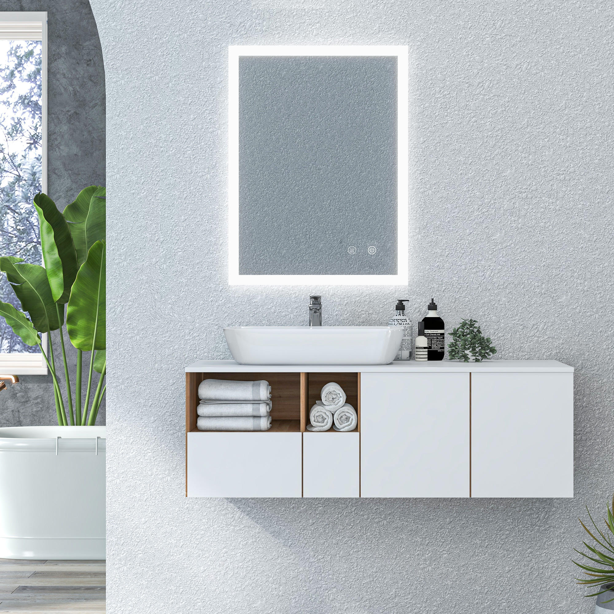 BADSPIEGEL, mit LED-Beleuchtung, mit Touchschalter, IP44 Wasserdicht - Silberfarben, Glas (60/3/80cm) - Kleankin