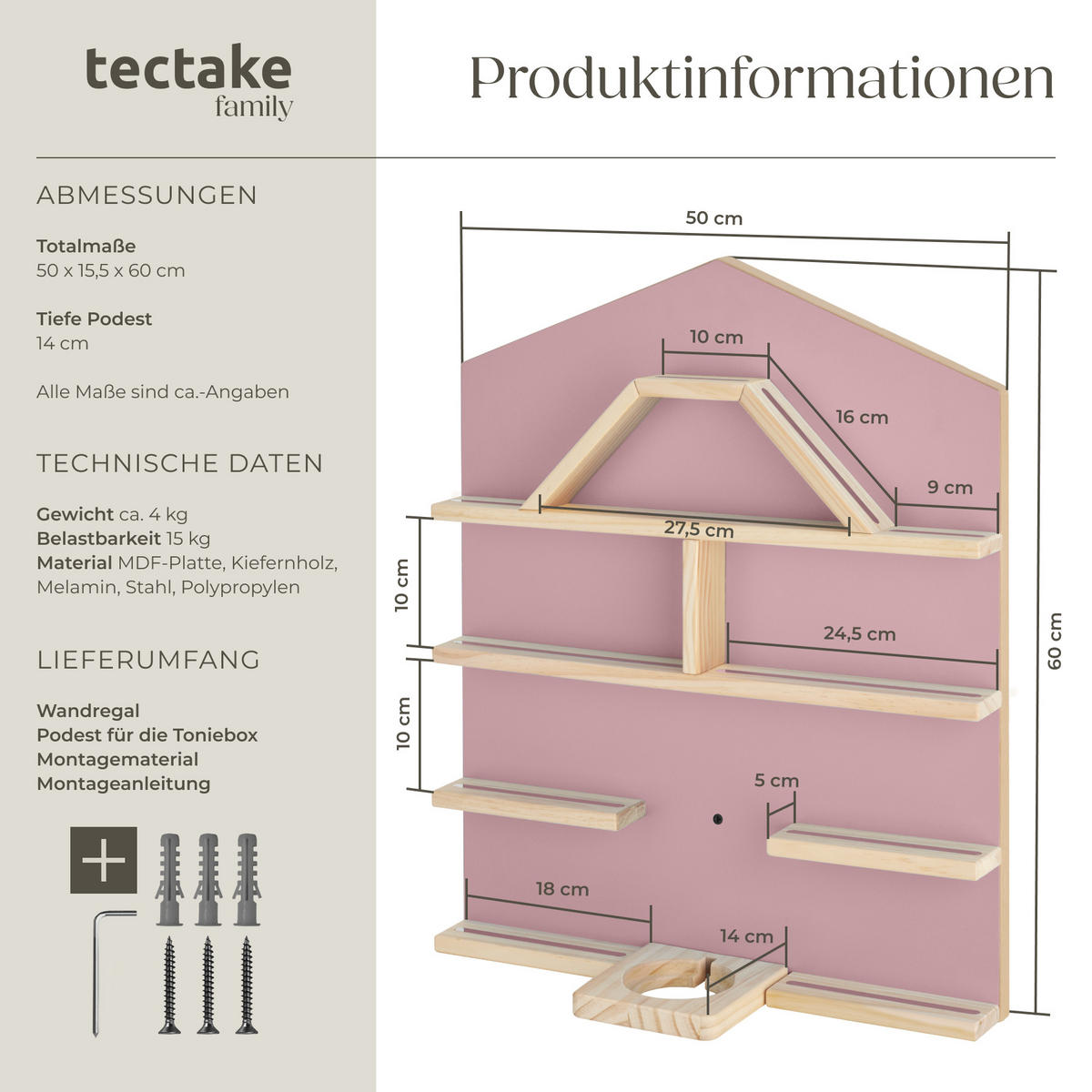 WANDREGAL 3er Set Mylittle Story,50 x 15,5 x 60 cm, pink - Pink, Holz (50/60/15.5cm) - tectake