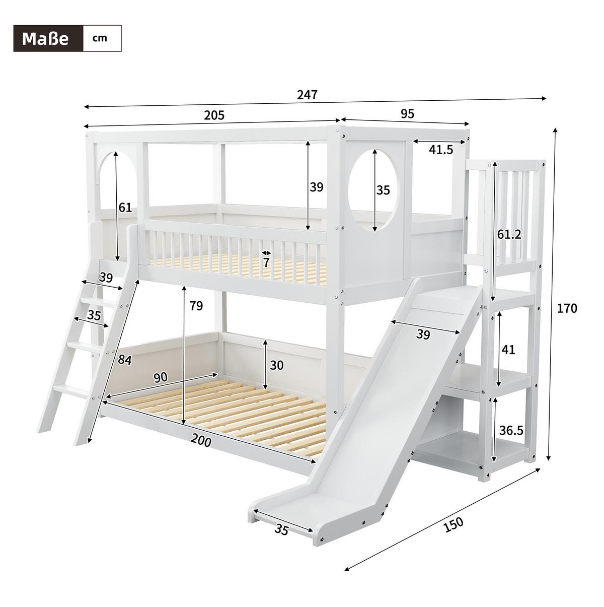 ETAGENBETT 90/200 cm aus Kiefer mit Rutsche und Regalen in Weiß - Weiß, Holzwerkstoff (90/200cm) - BEAOK