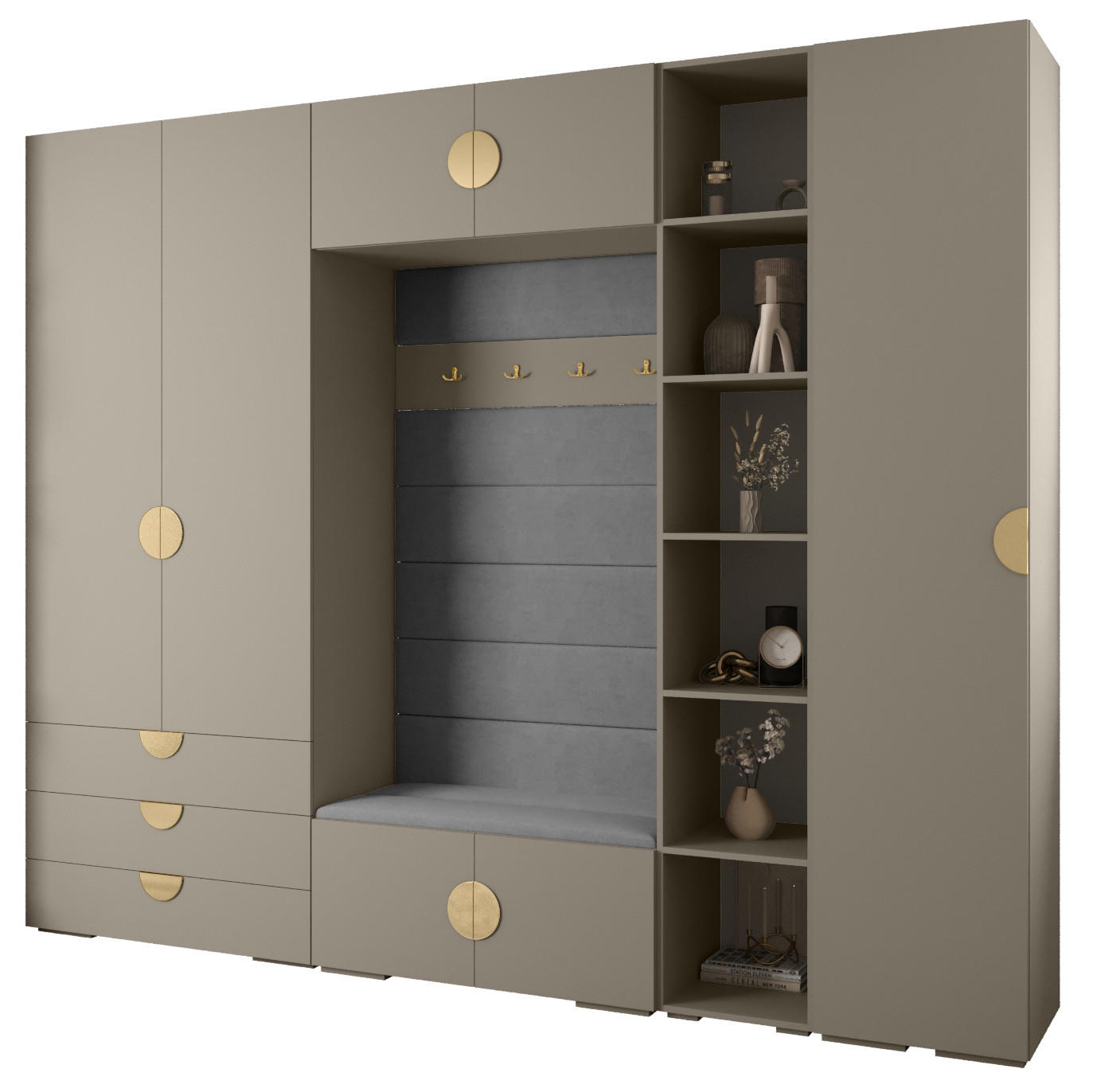 Abiks Möbel Garderoben-Set Kaschmir, Grau, Gold 290x236.7x47 cm