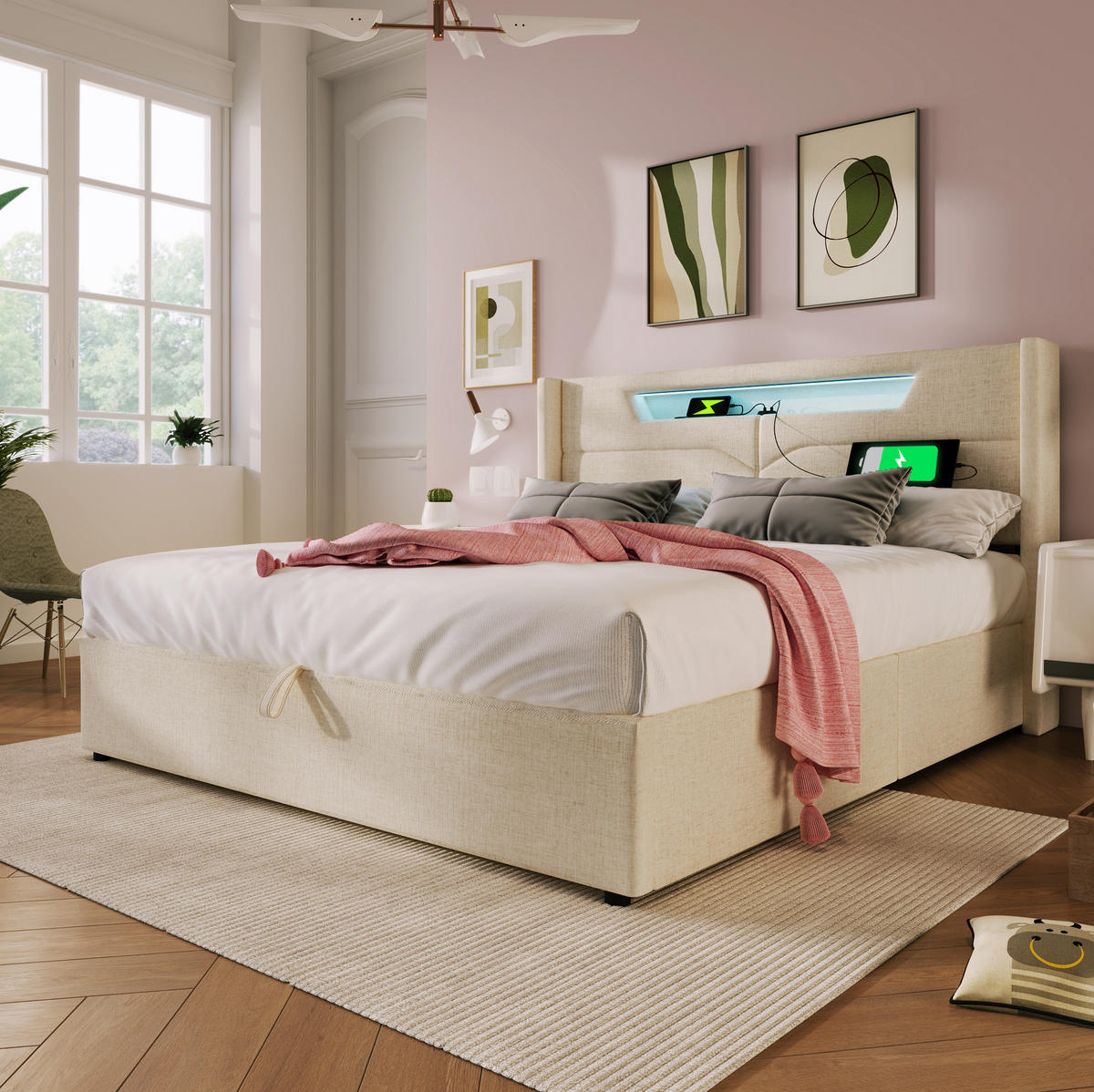 POLSTERBETT 160/200 cm Beige mit USB- und Type-C-Anschlüssen und LED-Beleuchtung - Beige, Textil (160/200cm) - OKWISH