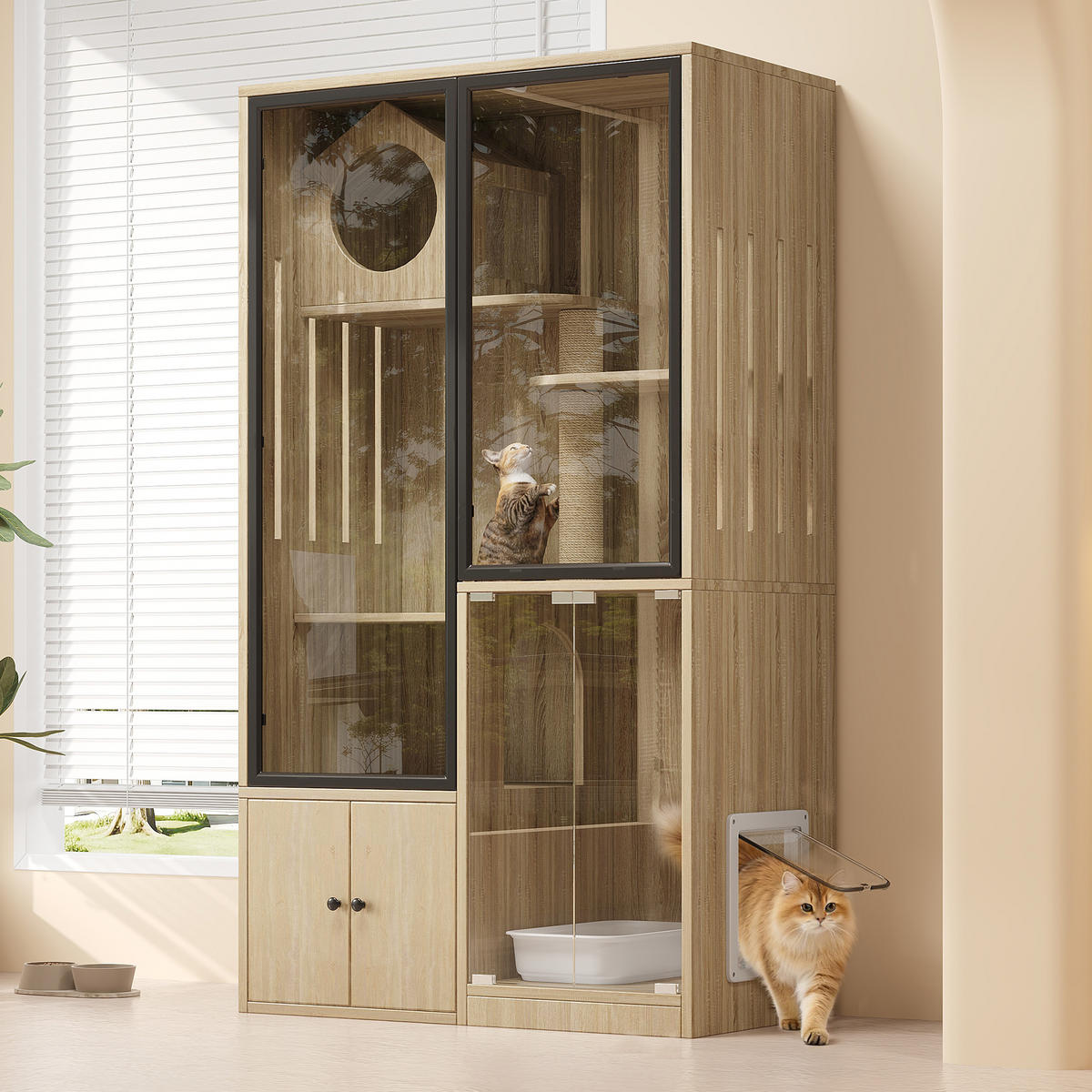 VITRINE Naturfarben 90×50×160 cm aus MDF mit Glasfronten und verriegelbarer Tür - Naturfarben, Holzwerkstoff (90/160/50cm) - Luhomfu