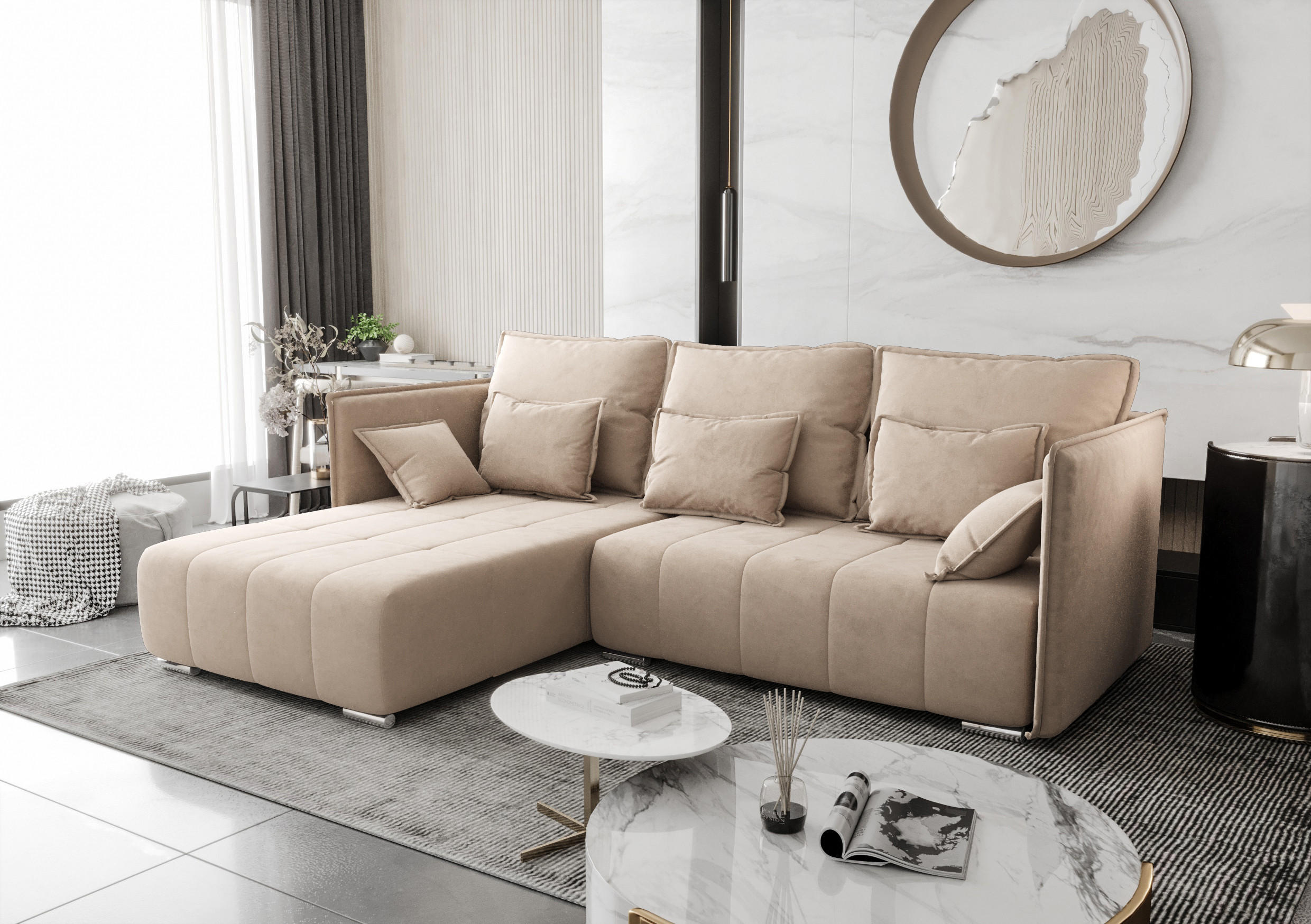 ECKSOFA L Form Florinna Beige 245/182/87 cm mit Schlaffunktion - Chromfarben/Beige, Textil/Metall (245/182cm) - AX Living