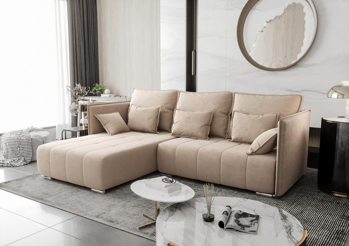 ECKSOFA L Form Florinna Beige 245/182/87 cm mit Schlaffunktion - Chromfarben/Beige, Textil/Metall (245/182cm) - AX Living