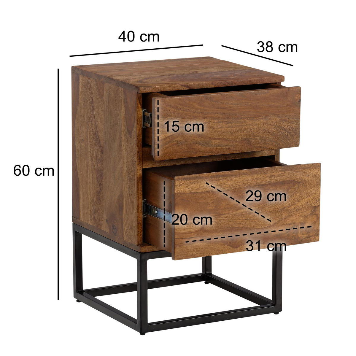 NACHTTISCH – Massivholz/Metall, 40x38x60 cm, 2 Schubladen, Industrial-Stil - Sheeshamfarben/Schwarz, Holz/Metall (40/60/38cm) - KADIMA DESIGN