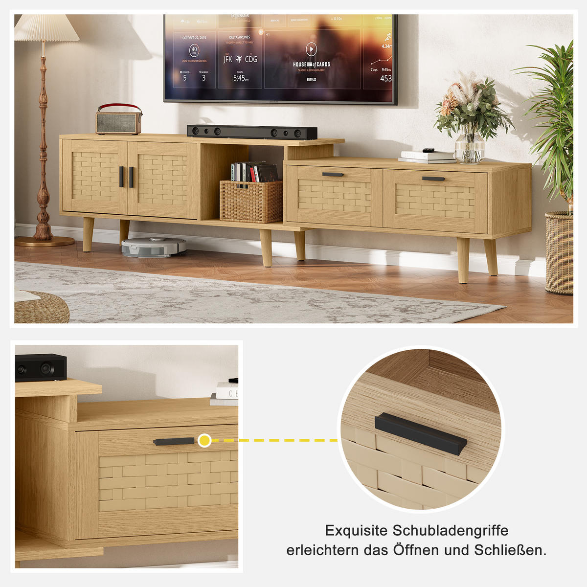 TV LOWBOARD ausziehbar 146–180 cm 2 Türen 2 Schubladen Holz - Naturfarben, Holz (146/44/29.8cm) - Fortuna Lai