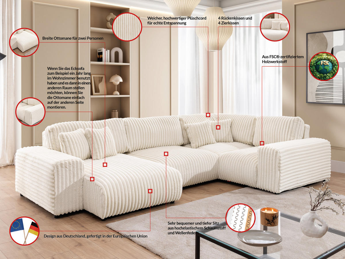 WOHNLANDSCHAFT Mollis Hellbeige Plüschcord im XXL-Format - Ottomane Links - Beige/Schwarz, Holz/Kunststoff (316/77/194cm) - S-Style Möbel
