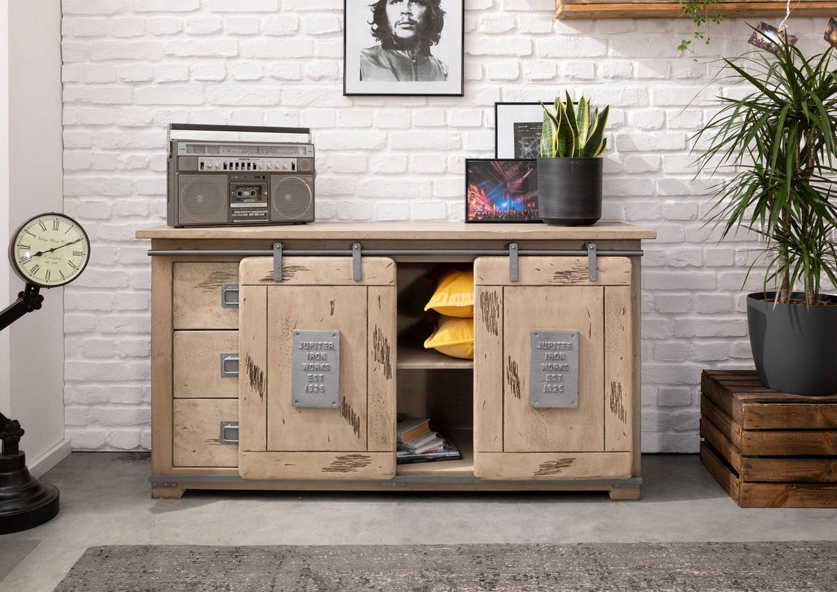 SIDEBOARD Mango 150x45x80 whitewash lackiert RAILWAY #300 - Beige, Holz (150/80/45cm) - Massivmoebel24