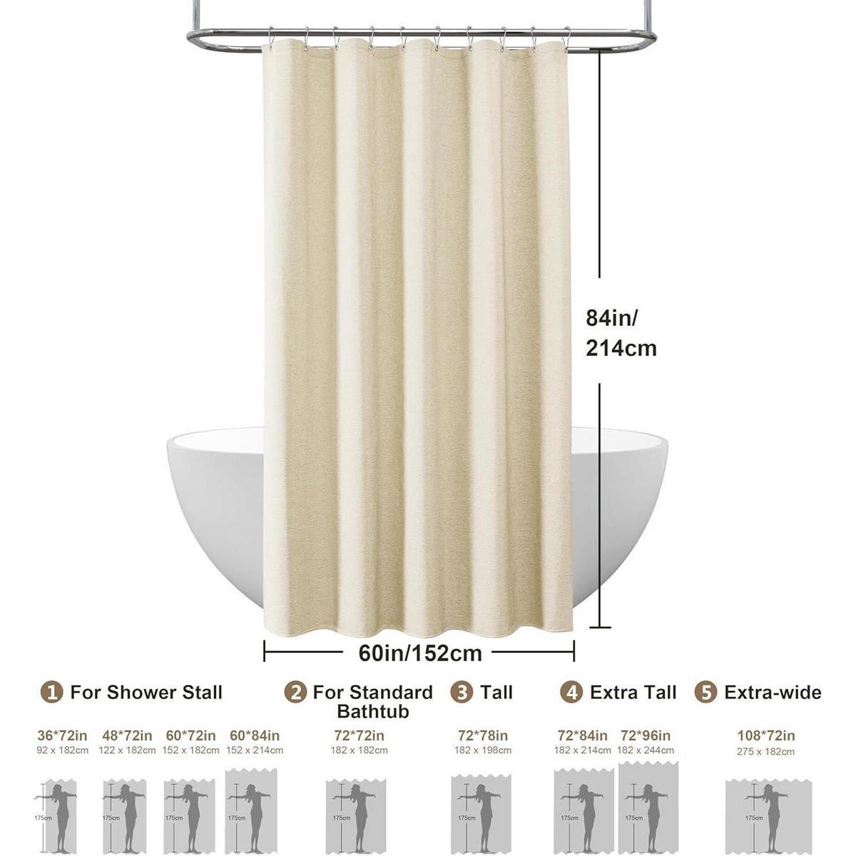 DUSCHVORHANG Leinen 152 x 214 cm Beige mit Metallringen - Beige, Textil (152/214cm)