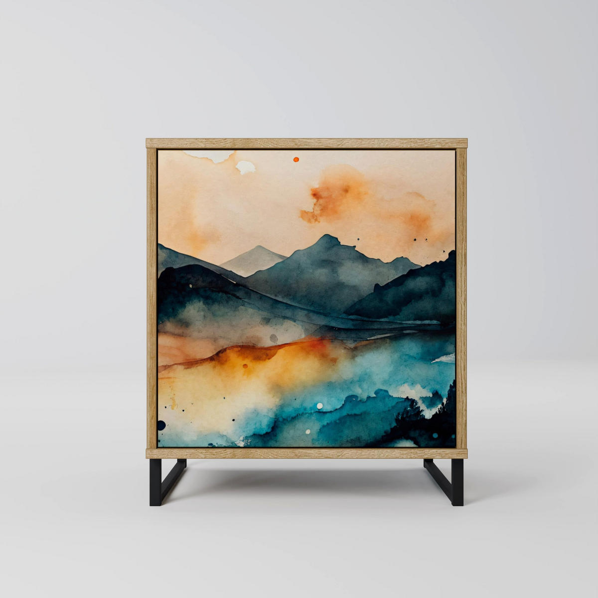 SIDEBOARD OMINOUS MOUNTAINS, Eichefarben, 57,5x42x72,5 cm, Schwarze Metallfüße - Eichefarben/Multicolor, Holzwerkstoff/Metall (57.5/72.5/42cm) - SpaceRebels