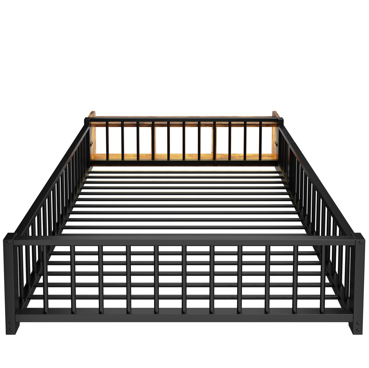 KINDERBETT 140/200 cm aus Metall und MDF mit Schutzgeländer, offenem Staufach und LED-Beleuchtung, Schwarz - Schwarz, Holzwerkstoff (140/200cm) - Redom