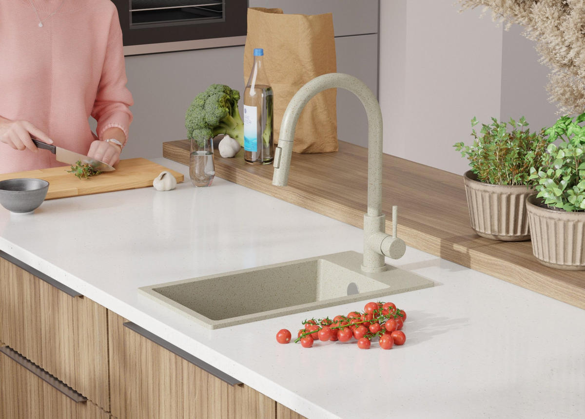 GRANITSPÜLE Riga, 2-er set Beige 28/50 cm 1 Becken + Küchenarmatur 38/14 cm + Ablauf-Set ab 30er Unterschrank - Beige, Kunststoff (28/20/50cm) - Primagran