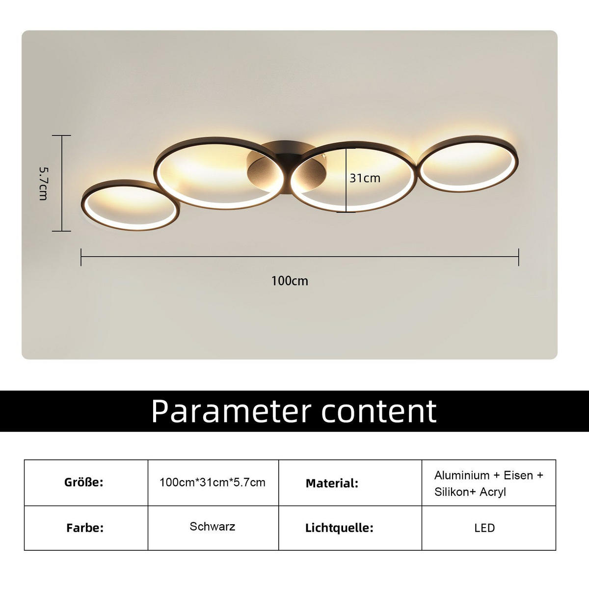 LED-DECKENLEUCHTE Maltby 100/35.5/5.8 cm - Schwarz, Metall (35.5/100/5.8cm) - Nettlife