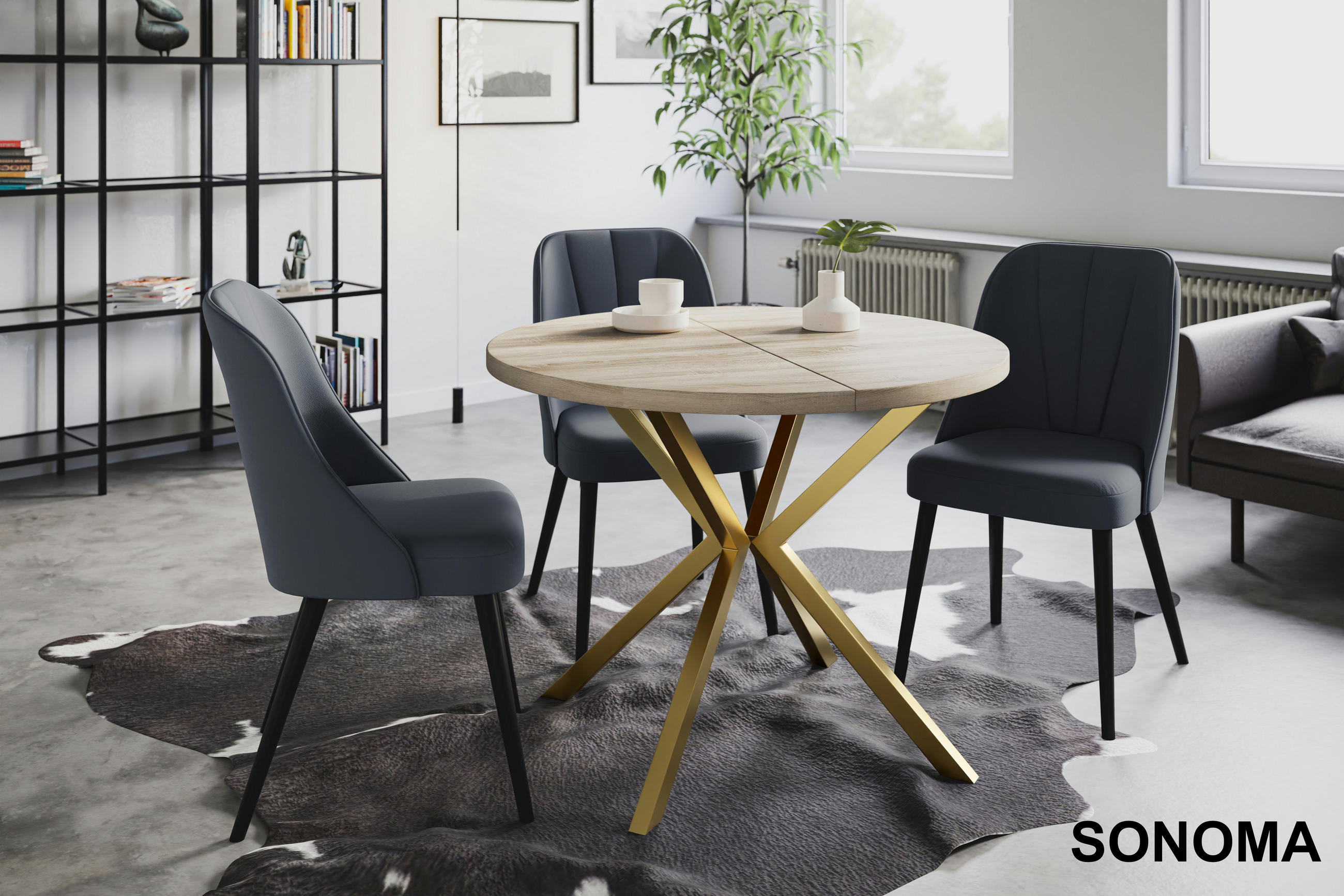 ESSZIMMERTISCH LOFT LITEN, ausziehbarer Tisch 120 cm/200 cm, Farbe: Beige, mit Metallbeinen in Farbe Gold - Goldfarben/Sonoma Eiche, Holzwerkstoff (120/120/76cm) - Alpi-Möbel