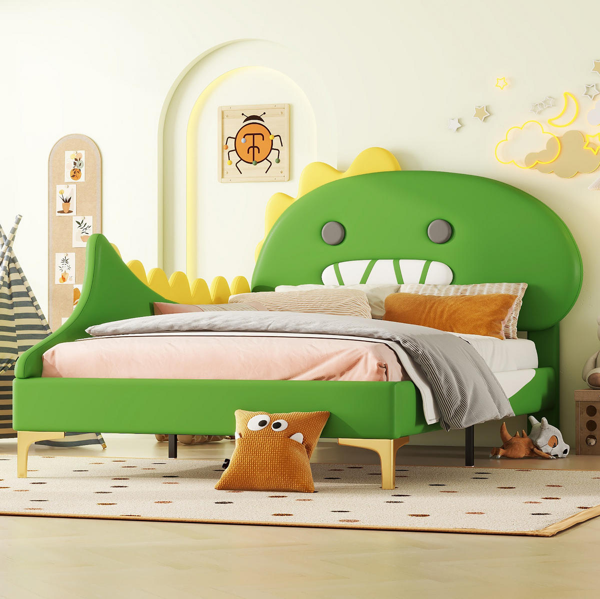 KINDERBETT aus PU und MDF 90x200 cm Grün im Cartoon-Dinosaurierdesign - Grün, Kunststoff (90/200cm) - IVMEU