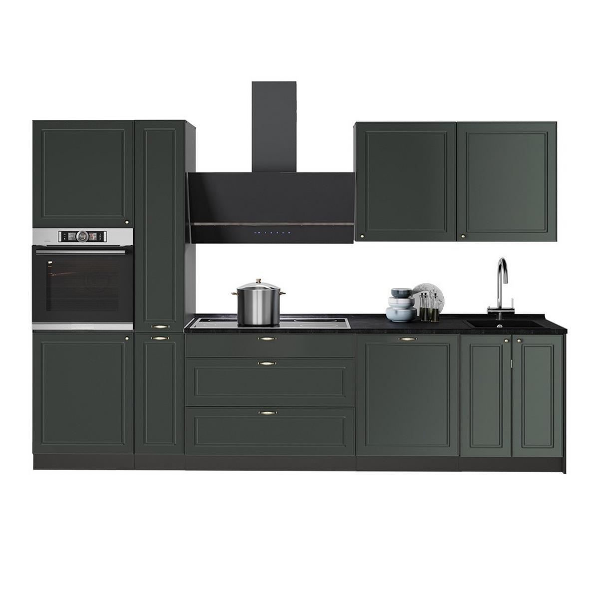 KÜCHENZEILE Fame-Line, Grün-Gold Landhaus/Anthrazit, 310 cm ohne Arbeitsplatte - Anthrazit/Grün, Holzwerkstoff (310/206.8/51.6cm) - Vicco