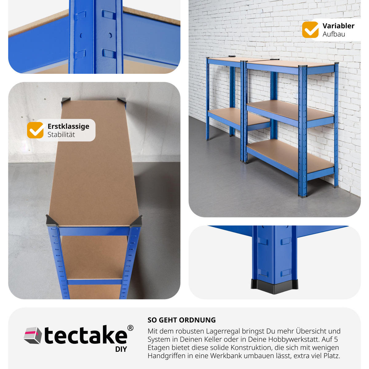 SCHWERLASTREGAL ,75,5 x 30,5 x 172 cm,blau - Blau, Metall (30.5/172/75.5cm) - tectake