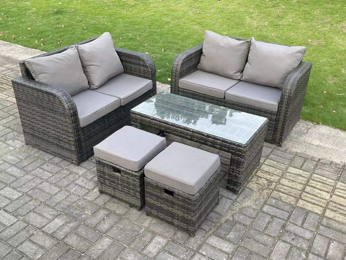 GARTENMÖBELSET mit 2 kleinen Hockern Polyrattan 6-Sitzer - Dunkelgrau/Grau, Glas/Kunststoff - Fimous