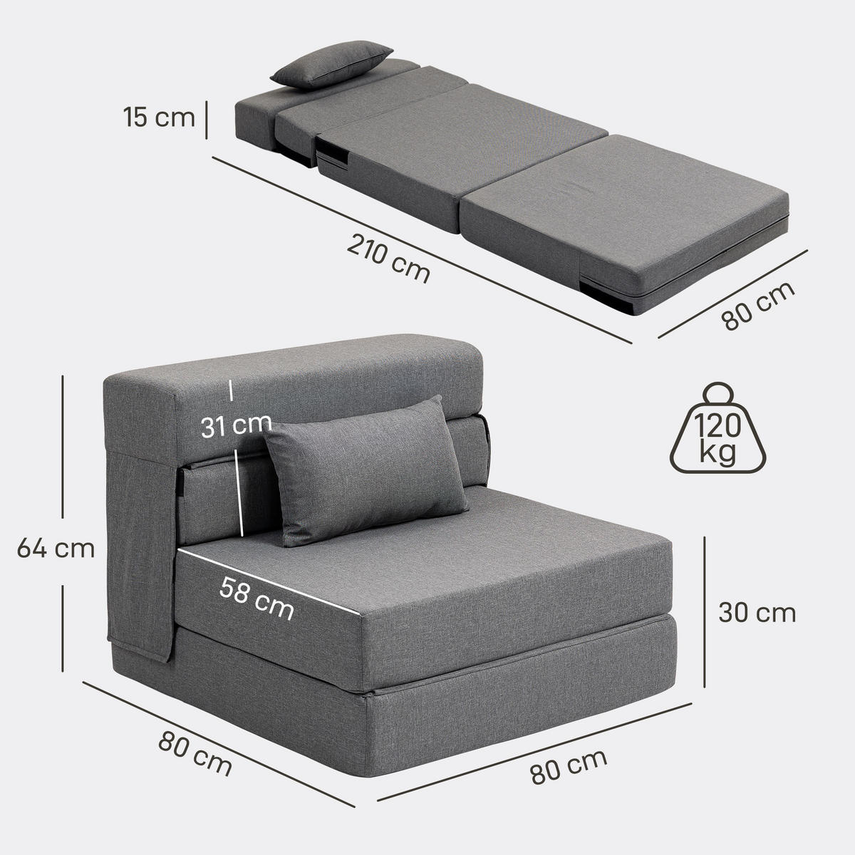 3 in 1 Schlafsessel, klappbares Schlafsofa mit Bettfunktion, Lendenkissen, Grau - Grau, Textil (80/15/210cm) - HOMCOM