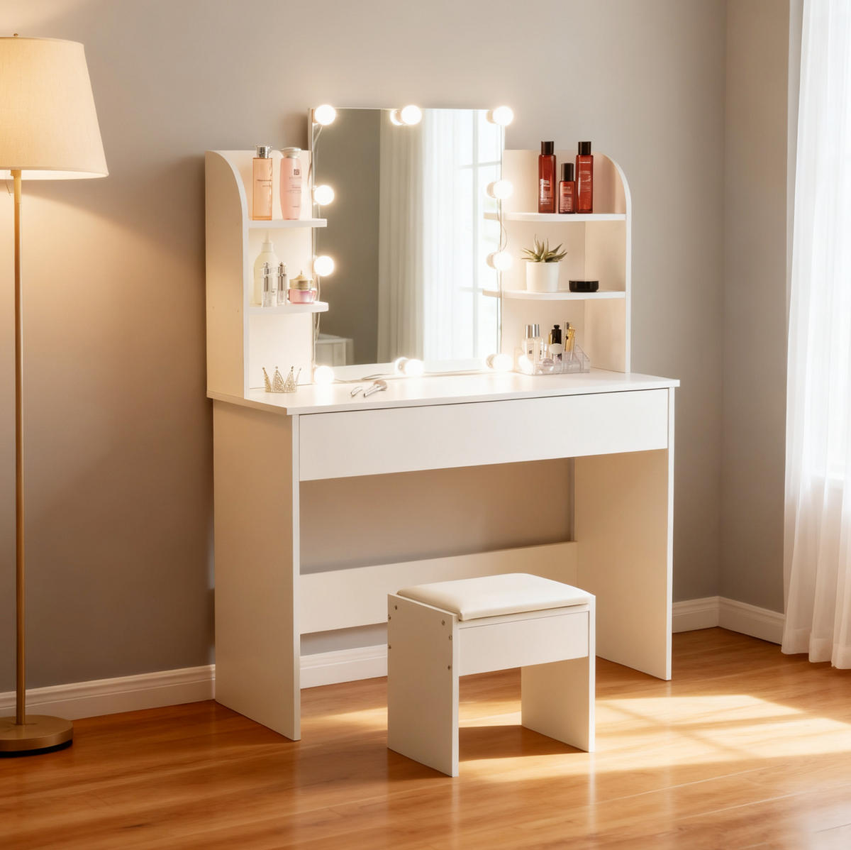 SCHMINKTISCH 40/105/130 cm Weiß aus MDF mit LED-Beleuchtung und Hocker - Weiß, Holzwerkstoff (40/130/105cm) - OKWISH