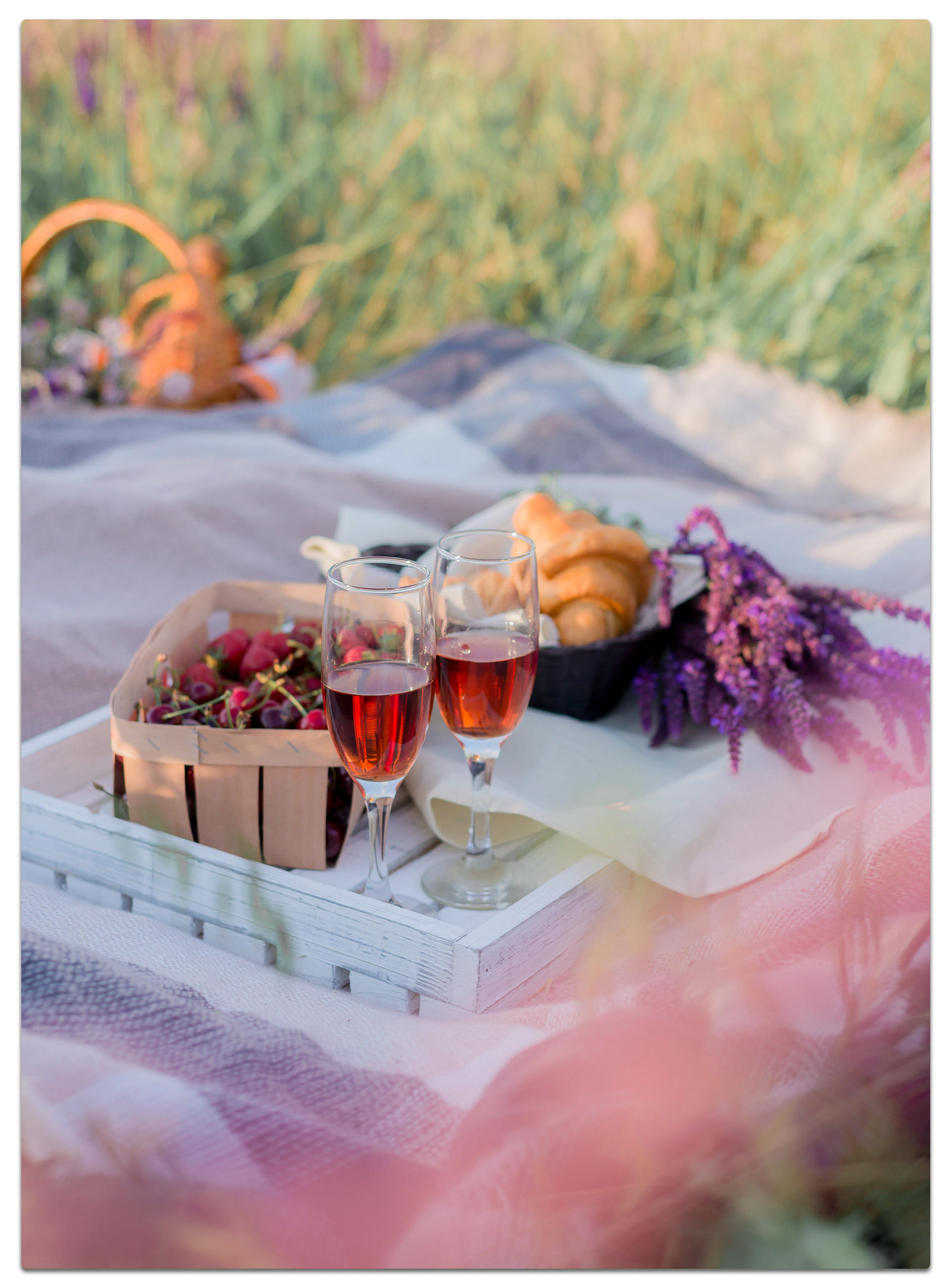 Entspanntes Picknick im Feld, gedeckt mit Wein und frischem Brot auf einer Decke.