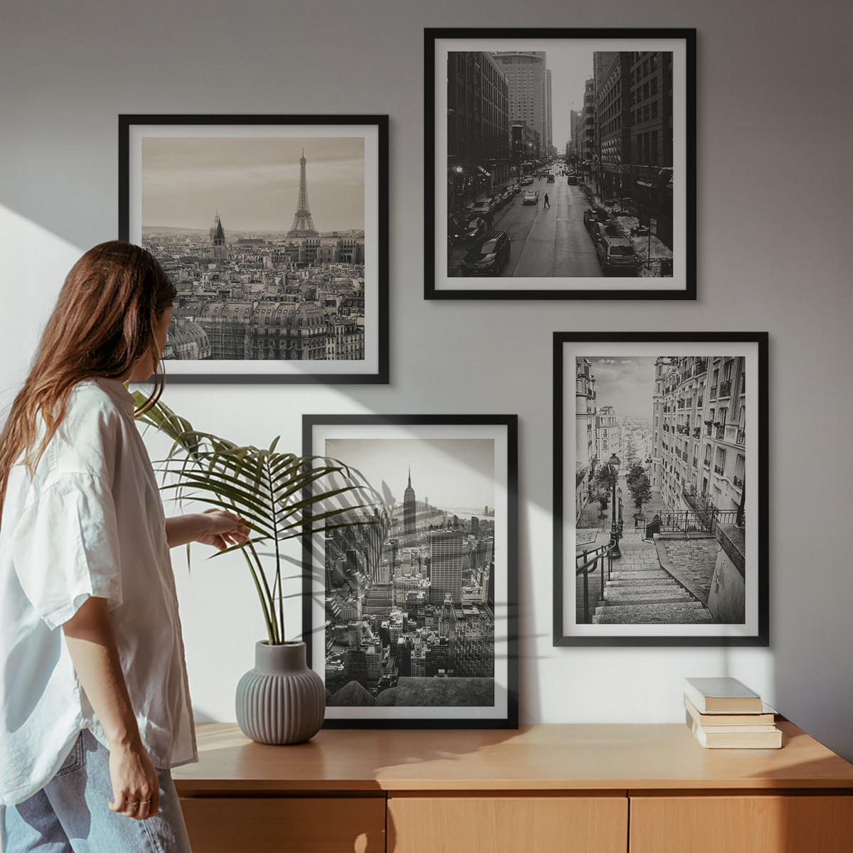 BILDER SET 4er Set - 50x50 cm & 40x60 cm Schwarzer Rahmen - Aussicht Paris New York Treppen - Schwarz, Kunststoff (50/50cm) - TULUP