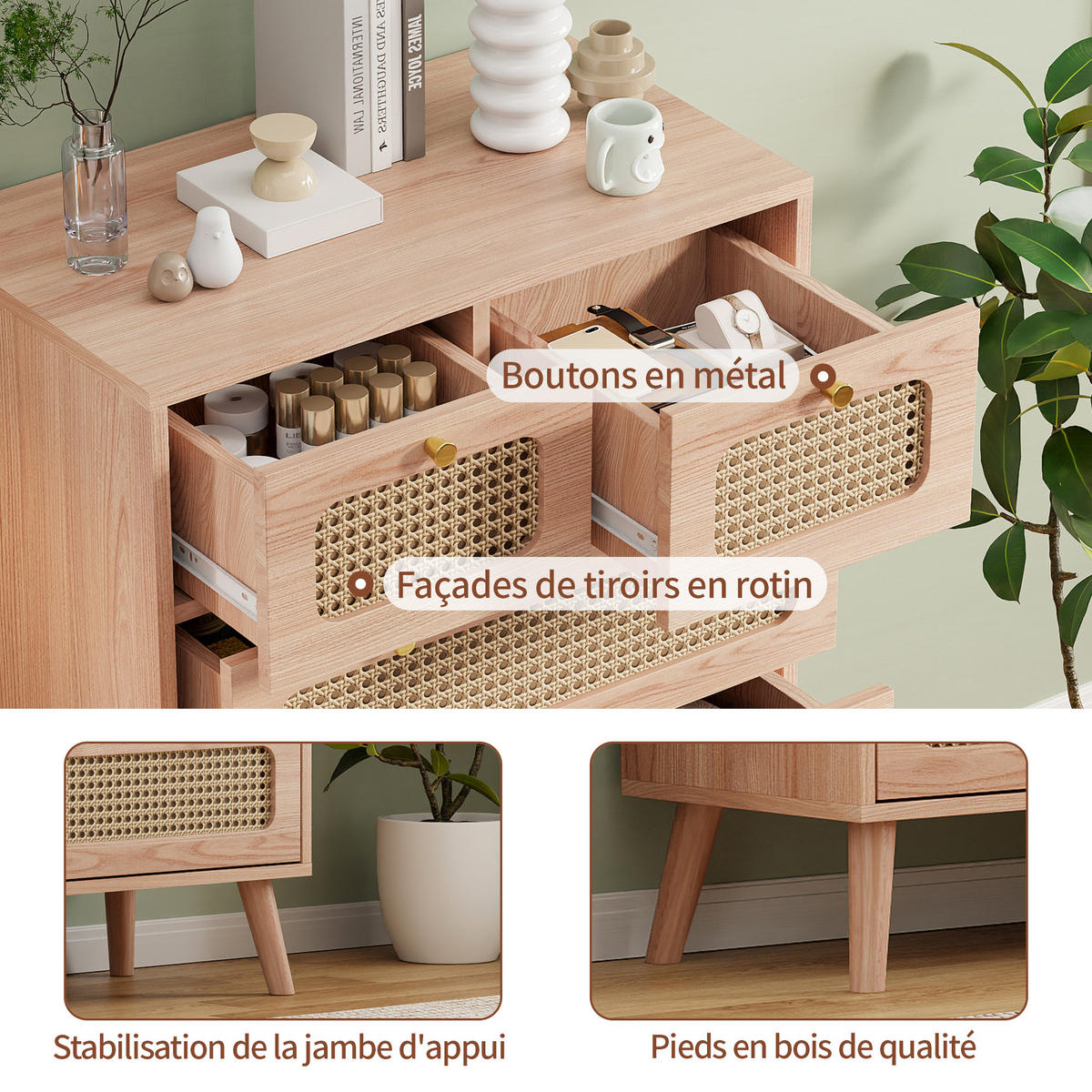 KOMMODE 60x34x91 cm, 5 Schubladen, Rattanoptik, Holzfarben - Kastanienfarben, Holz (60/91/34cm)