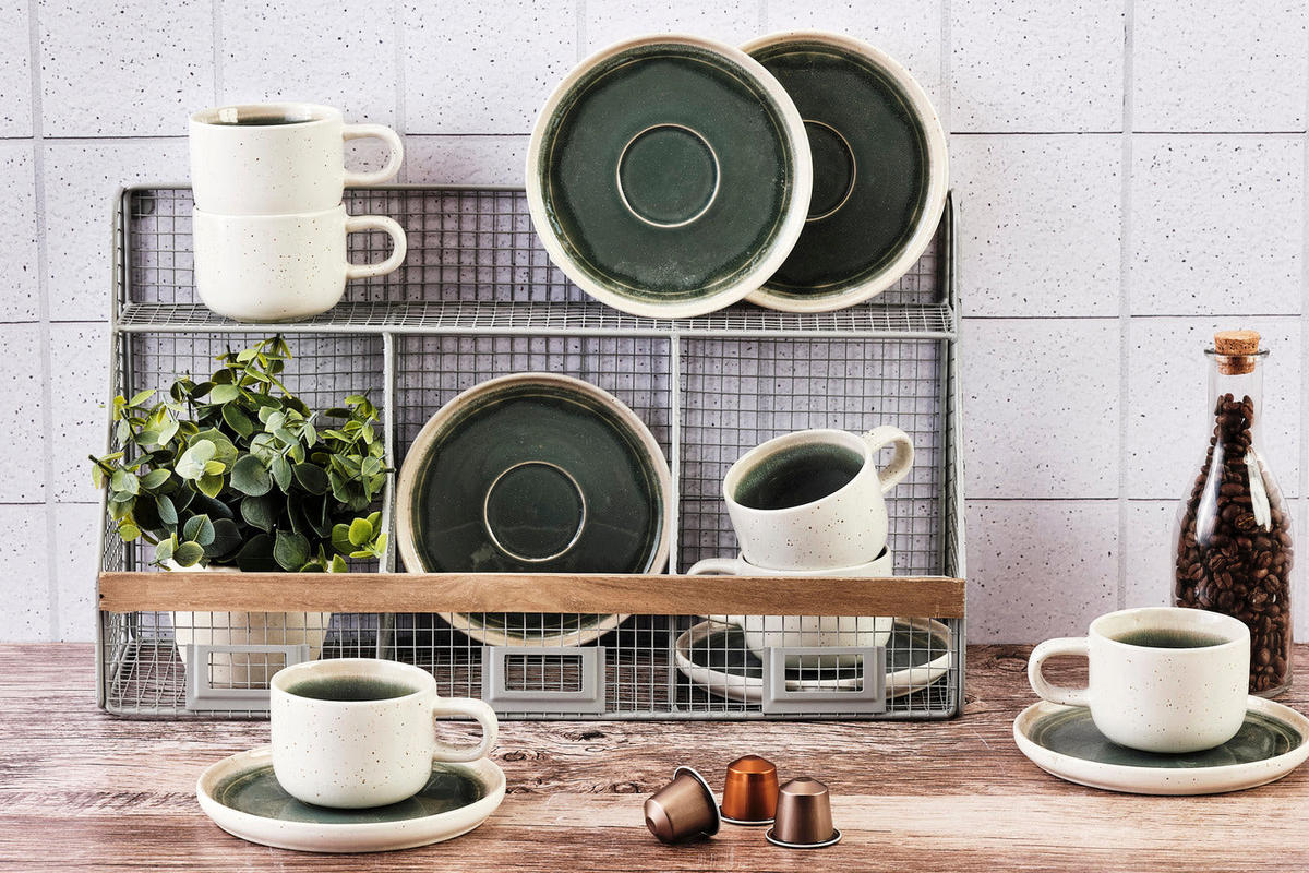 TASSEN 200ml und Untertasse Ø15cm Oxygen - 12er-Set - Graugrün - Grün, Keramik (15/7/15cm) - Björn