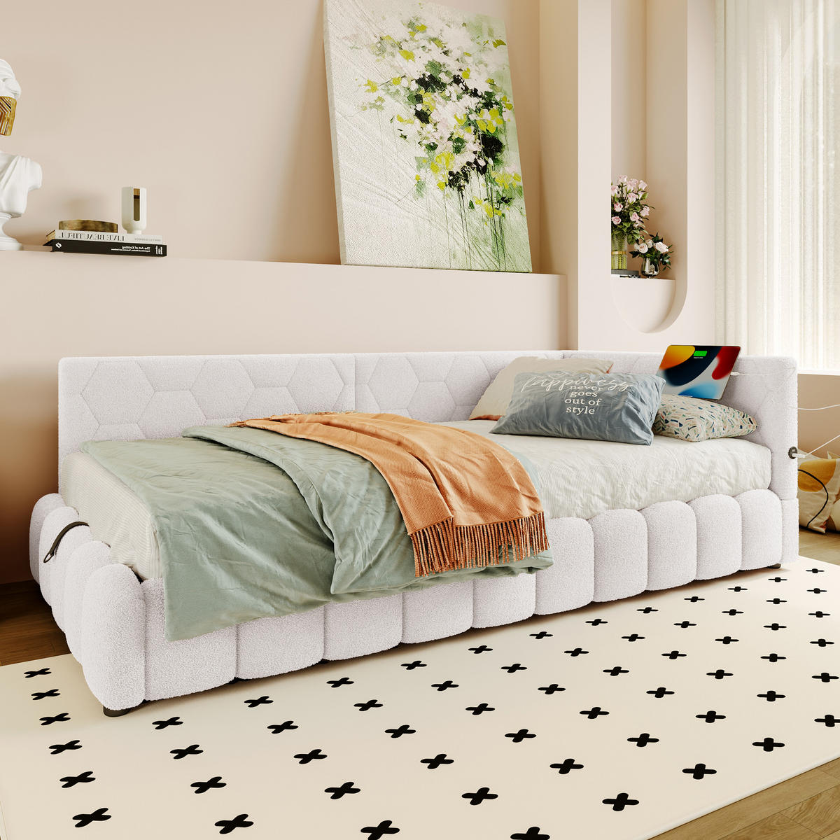 POLSTERBETT 90/200 cm mit LED-Beleuchtung und USB-Anschluss Vliesimitat Weiß - Weiß, Textil (90/200cm) - OKWISH