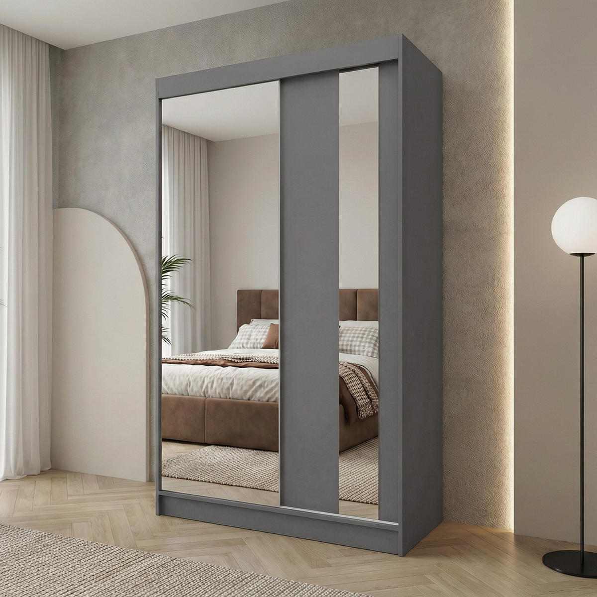 SCHWEBETÜRENSCHRANK Gaja 120/216/61 graphit mit Spiegel und Schubladeneinsätze - Graphitfarben, Holzwerkstoff (120/216/61cm) - Beautysofa
