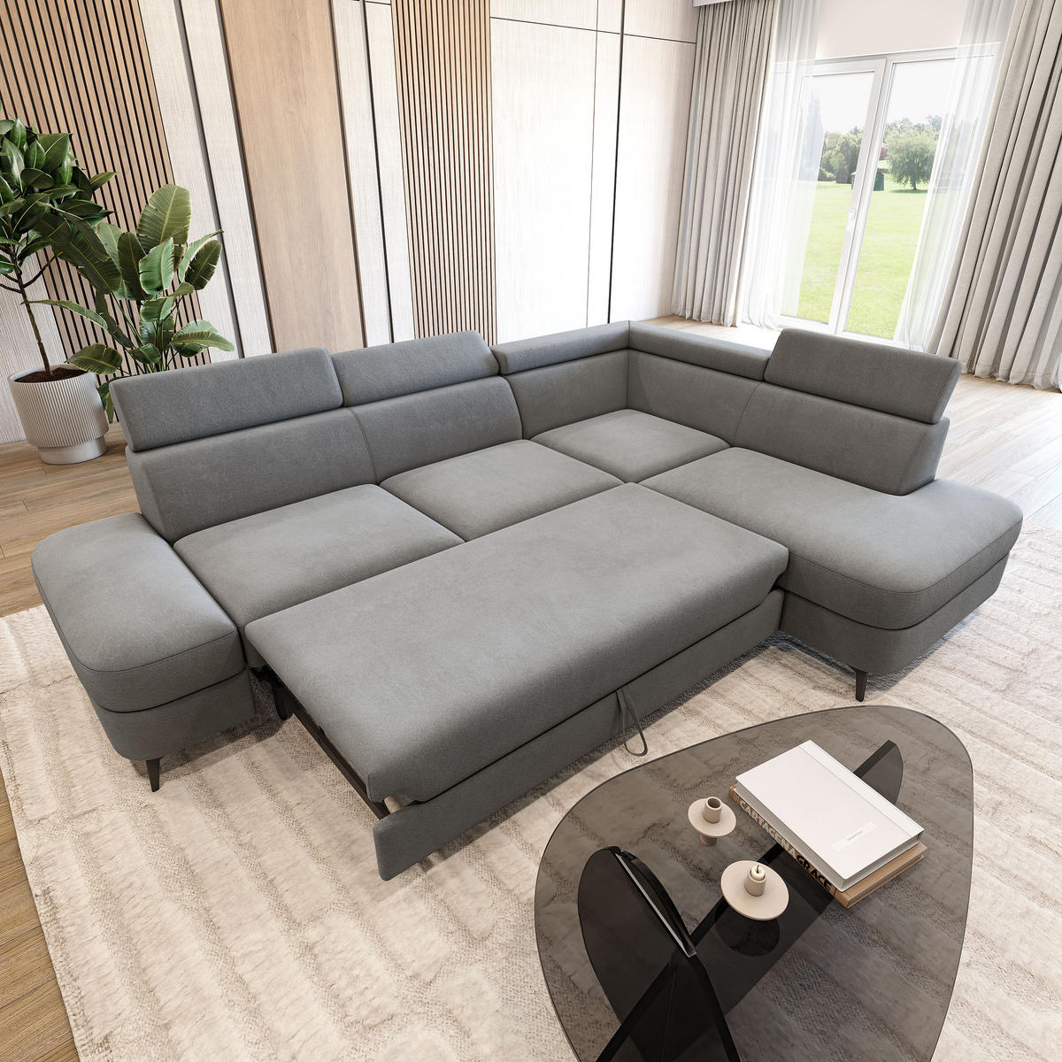 ECKSOFA AVISE MV R-S Grau Velours-Stoff mit Schlaffunktion - Grau, Holzwerkstoff/Textil (268/195cm) - MASSENO