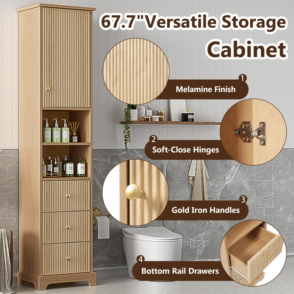 BADEZIMMER Hochschrank mit vertikalem Streifenmuster, Schubladen, offene Regalböden, Naturholzfarbe - Naturfarben, Holz (40/172/30cm) - PARAFTA HOME