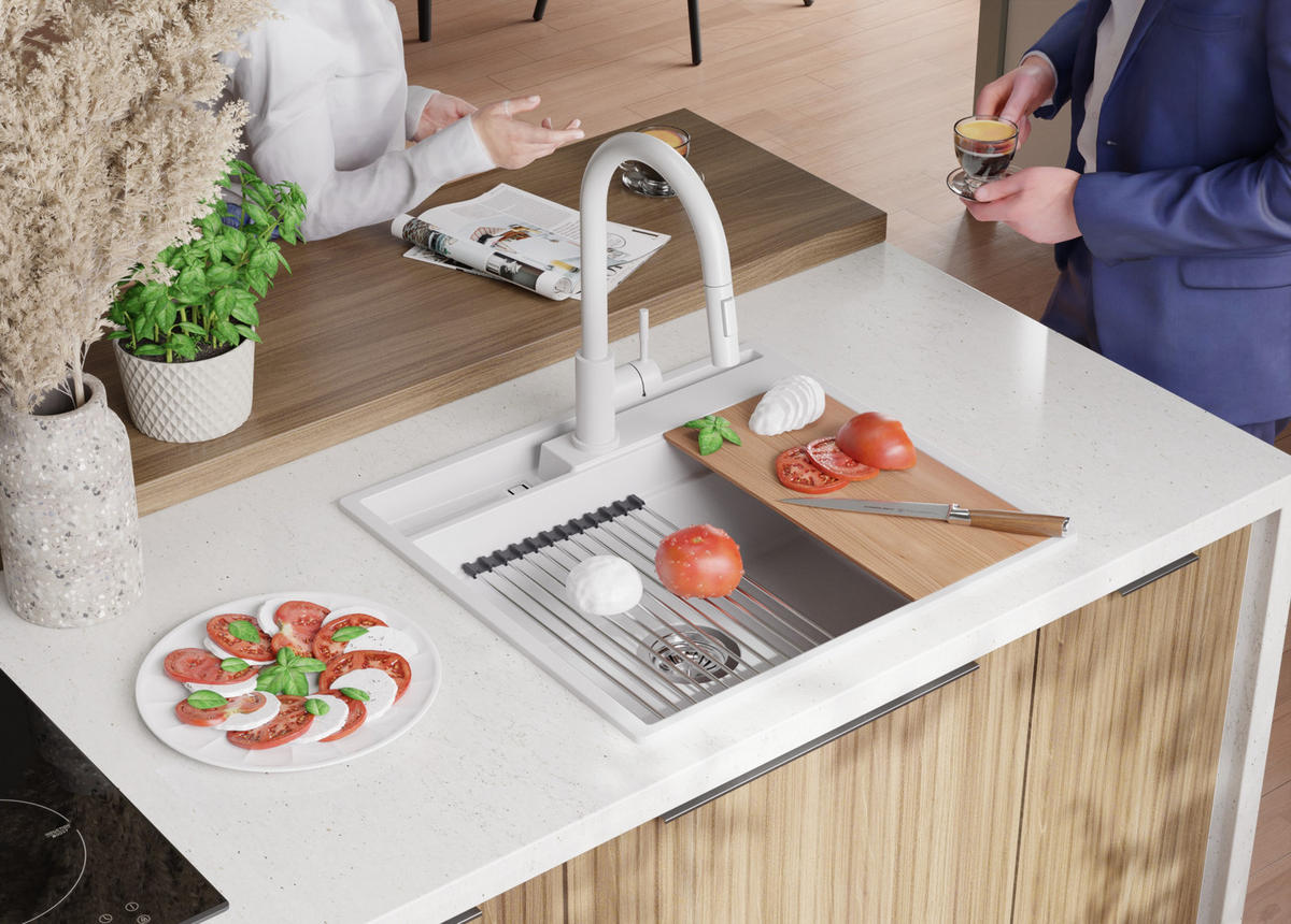 SPÜLBECKEN Oslo Pocket, 2-er set Weiß 58/53 cm 1 Becken + Ablauf-Set + Küchenzubehörset ab 60er Unterschrank - Chromfarben/Beige, Kunststoff (58/20/53cm) - Primagran
