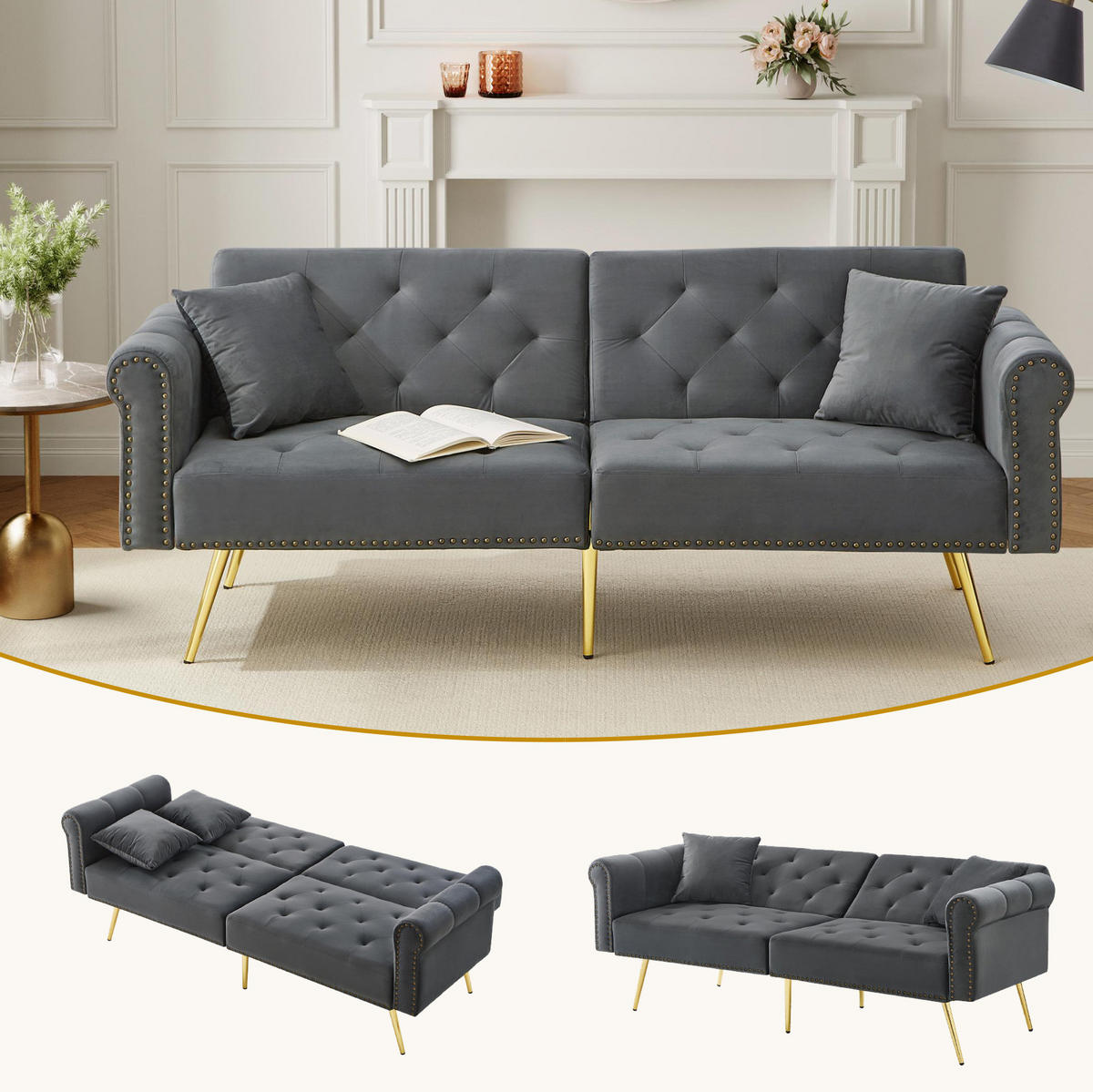 SCHLAFSOFA 2-Sitzer Samt mit 3-fach verstellbarer Rückenlehne Antikgrau 173/75/70 cm - Grau, Textil (70/173/75cm) - Redom